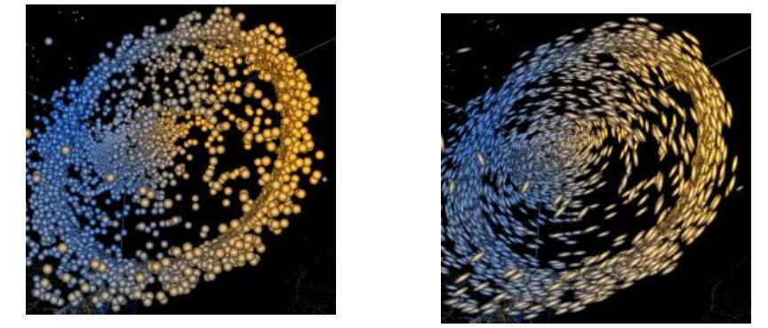 A comparison between the spherical point sprites (left) and