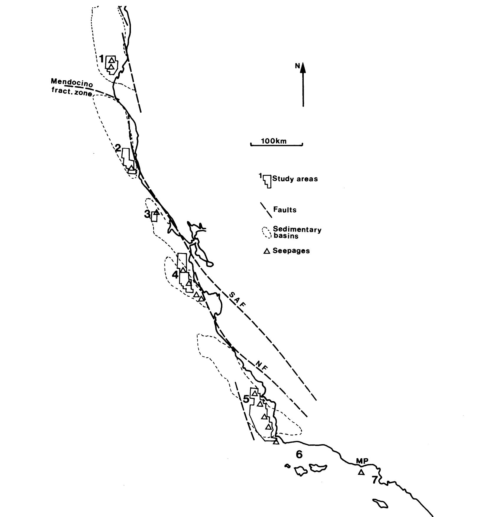 3 map showing the location of seepages, major faults and