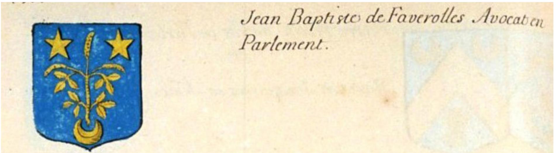 Fig. 21 : Coat of arms of Jean-Baptiste de Faverolles, Armorial général, vol. 24 (Paris II), p. 1308 (Bibliotheque Nationale de France, Frangais 32251). 