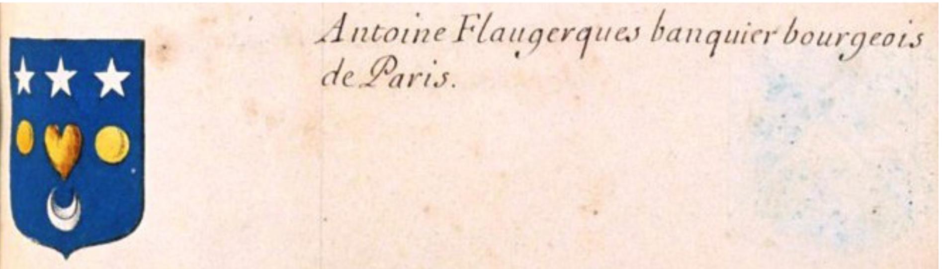 Fig. 22: Coat of arms of the banker Antoine Flaugerques, Armorial général, vol. 24 (Paris II), p. 1585 (Bibliotheque Nationale de France, Frangais 32251). 