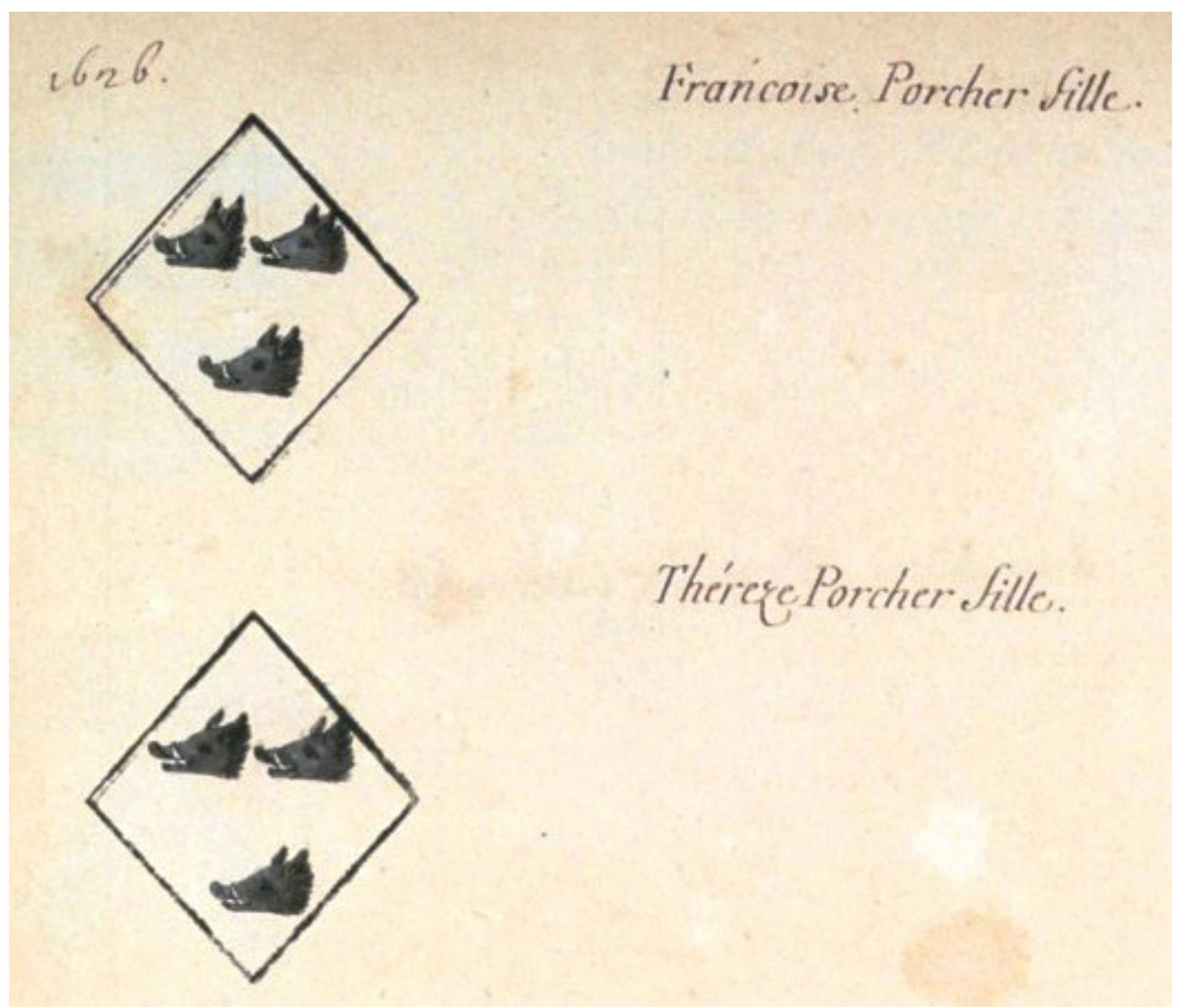 Fig. 26: Coats of arms of Francoise and Théréze Porcher, Armorial général, vol. 24 (Paris II), p. 1626 (Bibliotheque Nationale de France, Frangais 32251). 