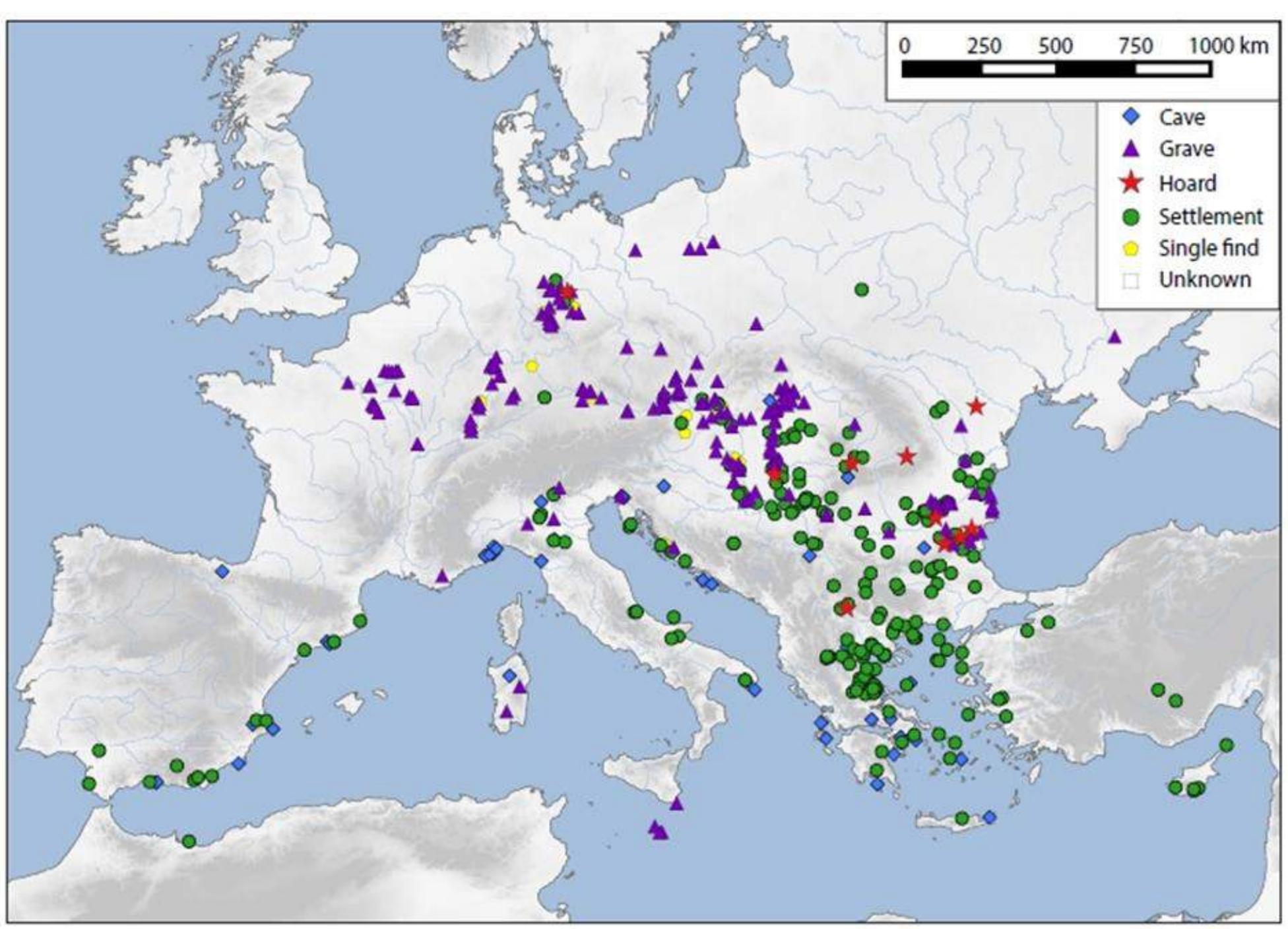‘ig. 2. Distribution of artefacts made from Spondylus gaederopus L. 1758 in Prehistoric Europe, including Romania, according to Windler (2019, 2). 