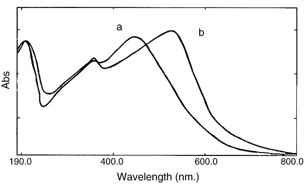 Fig.4. Diffuse reflectance spectra of (a) ECR-MCM-41 and (b) Al/ECR-MCM- 41; condition: pH 6.1, Cecr, 5 x 10-4 M. 