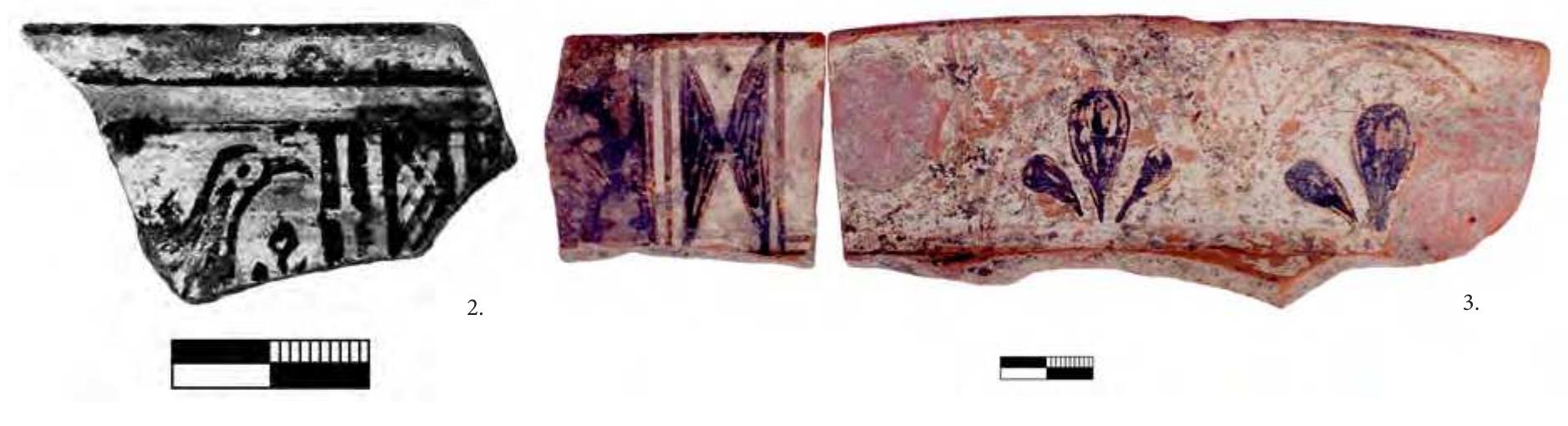 Fig. 2. Hyria, Naxos. Sherd of a Parian shallow skyphos; second quarter of the 7th century B.C. (Photograph by the author; in the excavation archive). Fig. 3. Hyria, Naxos. Two joining sherds from the rim of a crater; second half of the 7th century B.C. (Photograph by the author; in the excavation archive).  The second case concerns an impressive vessel, a large crater, of which only two sherds from the lip and a  small part of the shoulder survive” (Fig. 3). The outside of the lip is decorated with an original theme set in un- even panels (metopes); the first panel to the left is painted in solid black and is separated with a double vertical line from the ensuing metope featuring a horizontal black-painted diabolo (two horizontal triangles placed top to top). The next panel must have contained a clay disc, which has been detached leaving only its circular mark. Two vertical lines separate this metope from the panel to the right, which was adorned with two three-petalled standing palmettes, each under a double arched line. The junction of the two arches is crowned by a cross- hatched lozenge.” The surface to the right is much worn, but it is very likely that it contained a second clay disc with a painted or printed motif (?), which was detached leaving only its trace; as it fell, it dragged part of the adjoining rectangular metope with the palmettes. The upper surface of the lip and the inner face of the rim are black glazed. The fragment is covered with a thick yellowish-white slip; the paint is bright black for the three- leaf palmettes and diluted brownish red for the lattice and bows. The clay is tile-red, with inclusions and mica.  It is not possible to ascribe the vase either in the Naxian or in the Parian workshop based solely on mac- 