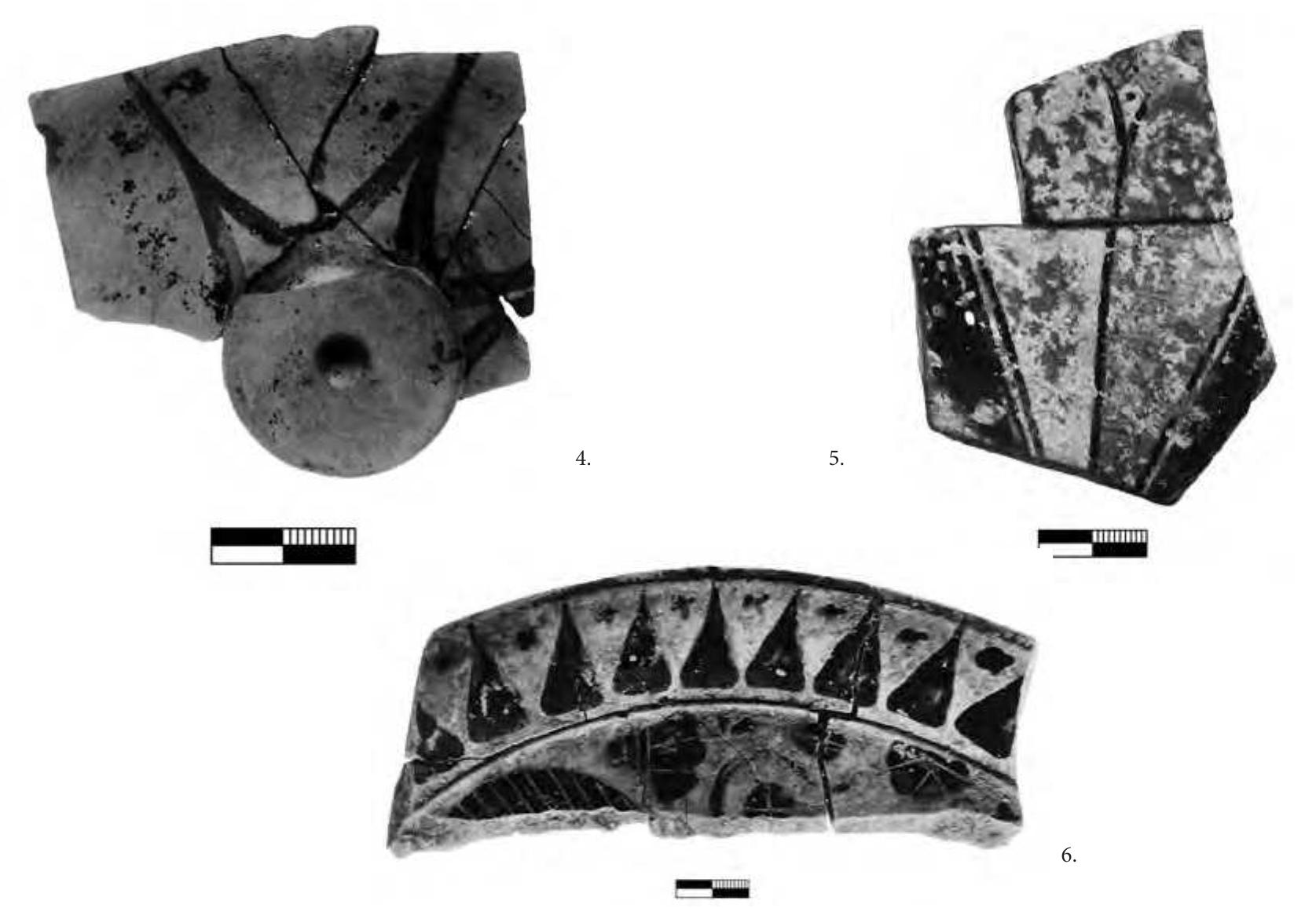 Fig. 4. Hyria, Naxos. The lower body and the base of an East Greek bird-bowl; Third group, 650-615 B.C. (Photograph by the author; in the excavation archive). Fig. 5. Hyria, Naxos. Two joining sherds of an East Greek plate; first quarter of the 6th century B.C. (Photograph by the author; in the excavation archive). Fig. 6. Hyria, Naxos. Sherds from the rim of an East Greek (Rhodian) plate; first half of the 6th century B.C. (Photograph by E. Eliades; in the excavation archive). 