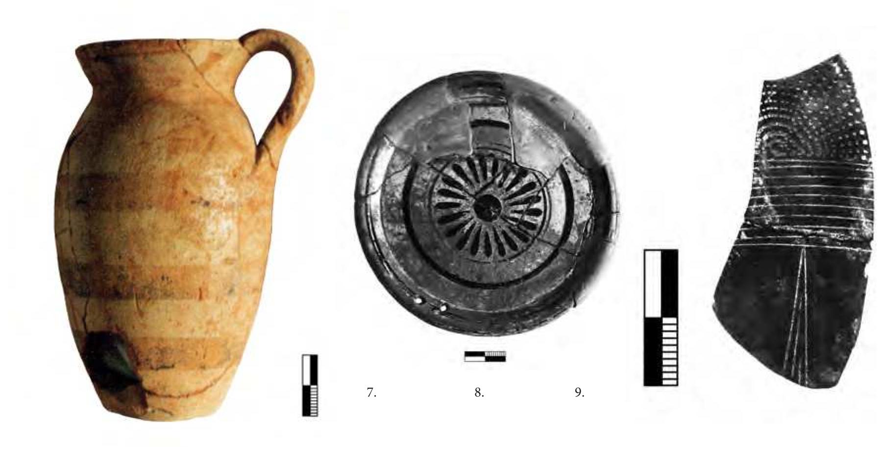 Fig. 7. Hyria, Naxos. East Greek banded jug (Photograph by the author; in the excavation archive). Fig. 8. Hyria, Naxos. Naxian replica of an East Greek plate; first half of the 6th century B.C. (Photograph by E. Eliades; in the excavation archive). Fig. 9. Hyria, Naxos. Sherd of an Etruscan Bucchero cotyle; mid-7th century B.C. (Photograph by E. Eliades; in the excavation archive). 