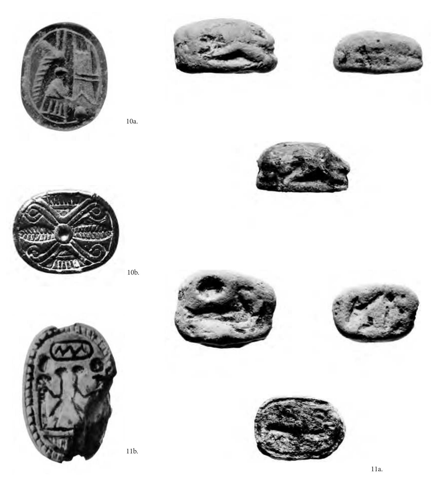 Fig. 10a-b. Hyria, Naxos. Scaraboid seal-stones of the Lyre-Player Group; second half of the 8th century B.C. (Photographs by E. Eliades; in the excavation archive; not to scale). Fig. 1la-b. Hyria, Naxos. Faience scarabs; end of the 8th - early 6th century B.C. (Photographs by E. Eliades; in the excavation archive; not to scale). 