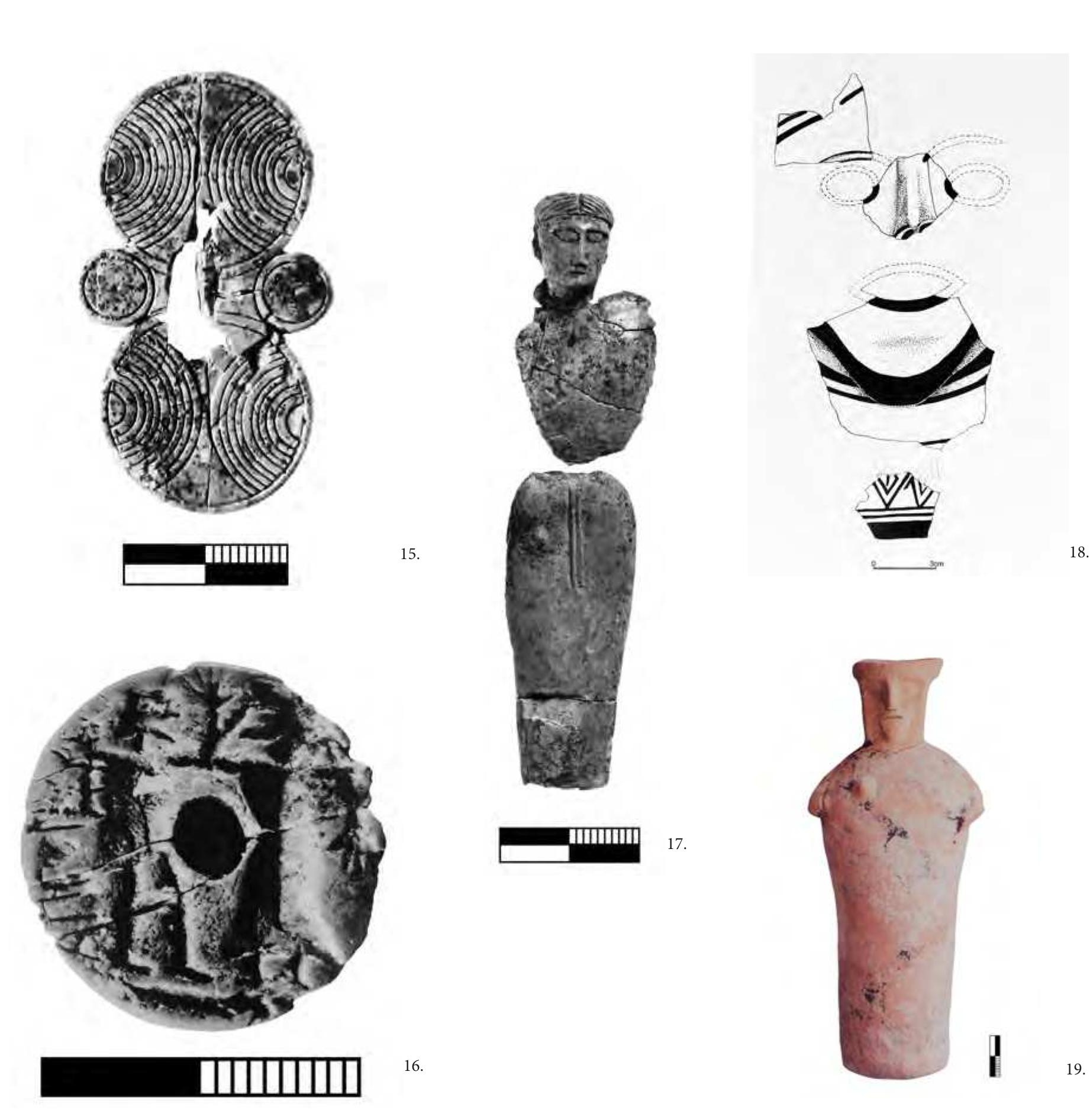 Fig. 15. Hyria, Naxos. Bone spectacle fibula; first half of 7th century B.C. (Photograph by E. Eliades; in the excavation archive). Fig. 16. Hyria, Naxos. Bone signet with a man threatening a woman; late 8th/early 7th century B.C. (Photograph by E. Eliades; in the excavation archive). Fig. 17. Hyria, Naxos. Bone female figurine; early 6th century B.C. (Photograph by E. Eliades; in the excavation archive). Fig. 18. Hyria, Naxos. Clay mask of a bearded man; late 8th/early 7th century B.C. (Drawing by the author; in the excavation archive). Fig. 19. Hyria, Naxos. Anthropomorphic juglet; early 7th century B.C. (Photograph by the author; in the excavation archive).  »omorphic juglet with a female face plastically modelled on the neck, dated to the beginning of the 7th century 3.C. (Fig. 19). Terracotta masks are known mostly from Phoenician and Punic sanctuaries, while the best com- varable Greek examples come from the sanctuary of Artemis Ortheia in Sparta. Cyprus is another major source »f masks, used primarily in ritual performances from the Late Cypriot III down to the Cypro-Classical period.” fhe anthropomorphic vase has likewise been associated with the Syro-Palestinian area, but is also closely re- ated to Cypriot and Cretan examples.”  The anthropomorphic vase has likewise been associated with the Syro-Palestinian area, but is also closely re- 