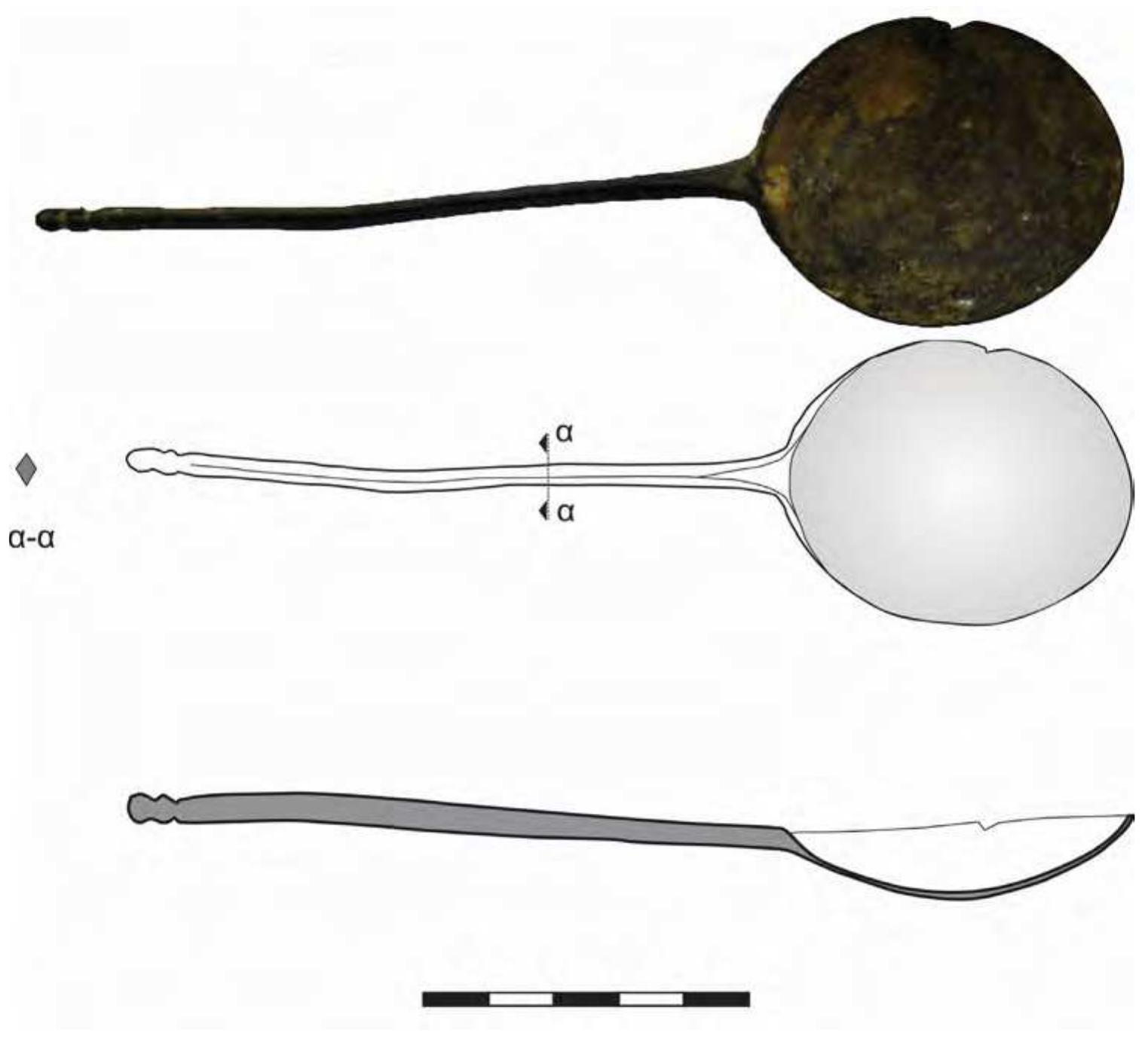 cm.” It features a large, shallow bowl, a thin and long handle of almost circular profile and a knop in the shape of an acorn. Metal or bone finds from the early Byzantine period illustrate the prevalent use of shapes with wide, circular bowls and thin necks, suitable both as grooming paraphernalia and as tableware.” The use of wooden spoons of a similar typology, possibly by the lower social strata, is confirmed by an 11th century find from Yenikap1 in Constantinople, as well as two spoons from Montfort castle in northern Israel, which possibly date to the 13th century.* The same type of bowl is found on a pair of Communion spoons from the middle or late Byzantine period.* A comparable spoon made of bronze is featured in the collection of the Byzantine and  Christian Museum of Athens.*  Fig. 3. St. Peter of Kastania, Mani, copper alloy spoon (© Ephorate of Antiquities of Messinia).  The example from St. Peter also presents a characteristic resemblance, in terms of typology, material and di- mensions, with two spoons found in Rhodes, dating from the period of the Order of the Knights Hospitaller of St. John (1309-1522), one of which bears a fleur-de-lis on its back (Fig. 4).°° In the finds from Rhodes, the han- dles have knops which are shaped like acorns, in two variations: the first handle is more realistically depicted, while the second one is more rugged, similar to that of the St. Peter's spoon. The acorn-shaped knop is part of a  from Yenikap1 in Constantinople, as well as two spoons from Montfort castle in northern Israel, which possibly 