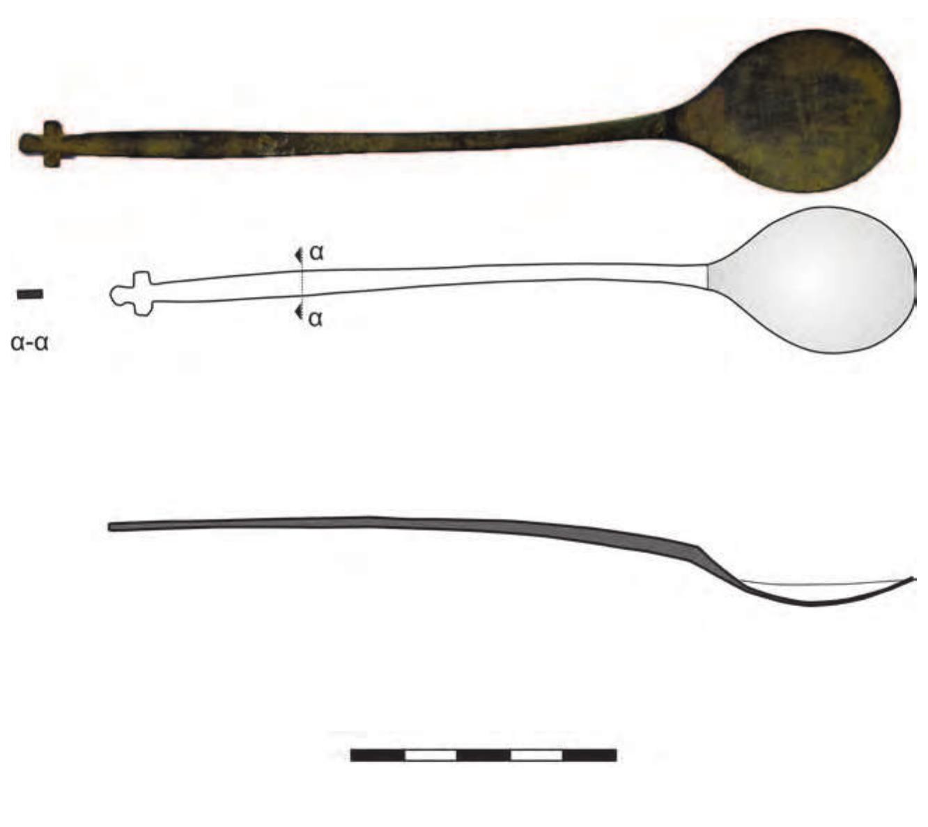 Fig. 5. St. Peter of Kastania, Mani, copper alloy spoon (© Ephorate of Antiquities of Messinia).  The two finds from St. Peter of Kastania indicate the use of spoons with wide bowls and thin handles with decorated knops across the Greek territory. This is a type that becomes widespread in Europe during the late Middle Ages. According to their typology, these finds could be dated from the second half of the 14th to ap- proximately the 16th century. The use of the two spoons from Kastania is uncertain, especially since it has been demonstrated that in Byzantine lands, spoons with religious symbols were commonly used as household items.** However, the spoon with the cross-shaped knop (Fig. 5) recalls modern Communion spoons and, in conjunction with the religious environment in which it was found, could be considered as a liturgical imple-  ment.**  sha  In conclusion, in the Peloponnese, during the late Medieval period, in addition to the constant use of leaf- ped spoon bowls, other broader, rounder and oval forms seem to be spreading by the late 14th century on-  wards. The new types of spoon probably derived from the European urban centers of the late Middle Ages and were diffused, possibly through the agency of the Latin States, to the Eastern Mediterranean. The appearance  of t  hese spoons in relatively remote sites in the Greek territory, such as Kastania in Western Mani, may indi-  cate the extent of the cultural interactions in the Peloponnese of the late Medieval period. After 1204, both the  sett  ement of a Latin population in the urban centers of the peninsula and the commercial activities of Italian  merchants, who were active in the Principality of Achaia as well as the Despotate of Mistra, were the main ways 