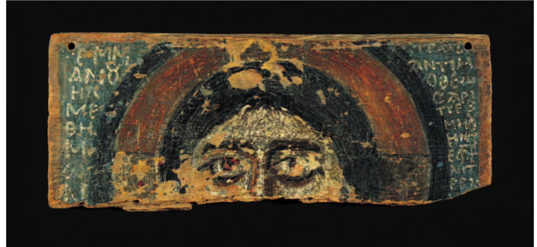 Fig. 2. Christ Emmanuel. Encaustic on wood. From Egypt, Benaki Museum no. 8953. © The Benaki Museum.  The two icons have a common provenance in Egypt, but unfortunately we have no evidence as to where they were found." Despite its damaged condition, the icon of Christ and similarly the two-sided icon are important, as they are among the few examples of early icons to have survived and, as far as I know, the only ones in a Greek collection. They can provide precious information on the production of icons in the period between the seventh and ninth centuries, complementing what we know from those in Sinai and Rome, and the small number of  other works of Egyptian provenance nowadays scattered between various collections and museums.”  The two icons have a common provenance in Egypt, but unfortunately we have no evidence as to where they 