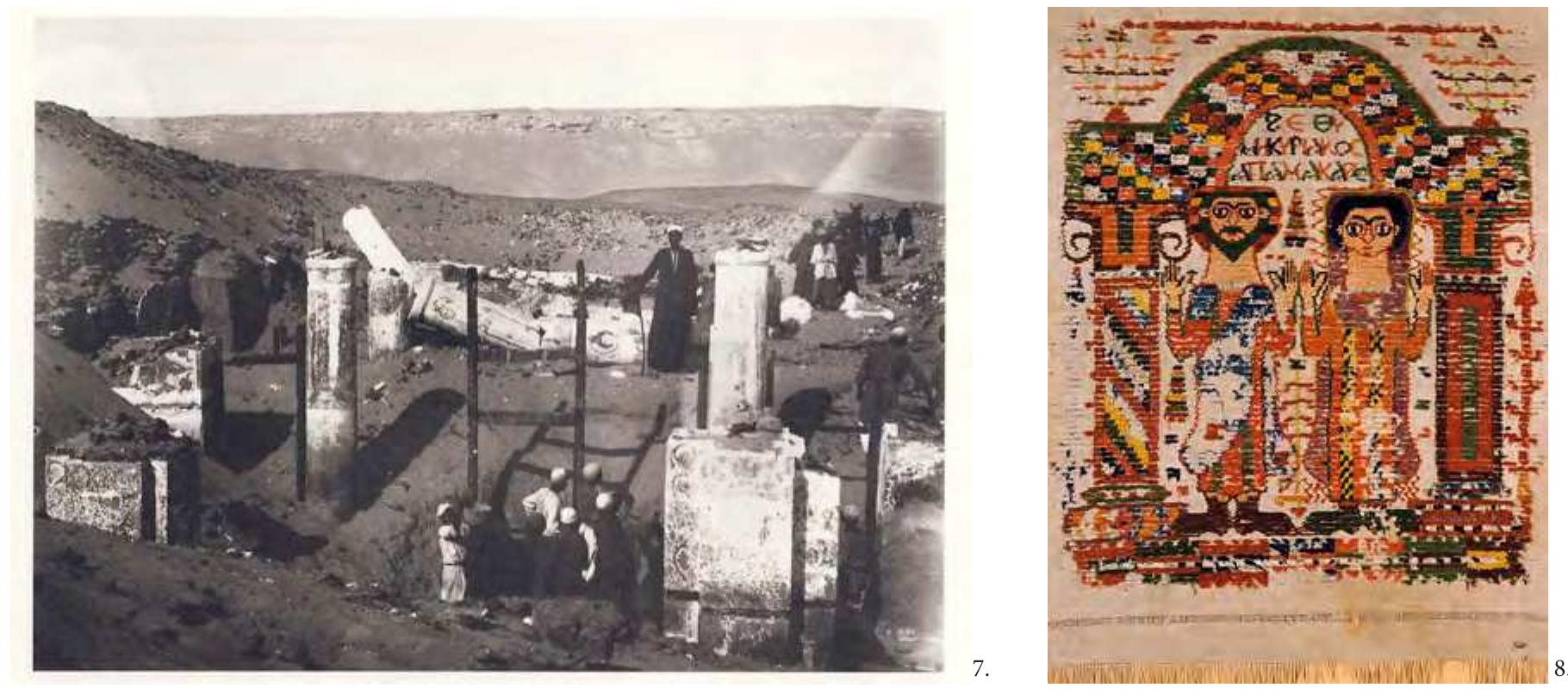 Fig. 7. Wooden sanctuary screen discovered in Bawit, North church, Monastery of Apa Apollo, during the excavations in the early 20th century (After Bolman 2006, fig. 18). Fig. 8. Linen and woolen screen curtain, in the looped pile weave. From a monastery in Antinoe, 5th century. Benaki Museum, no. 7145. © The Benaki Museum. 