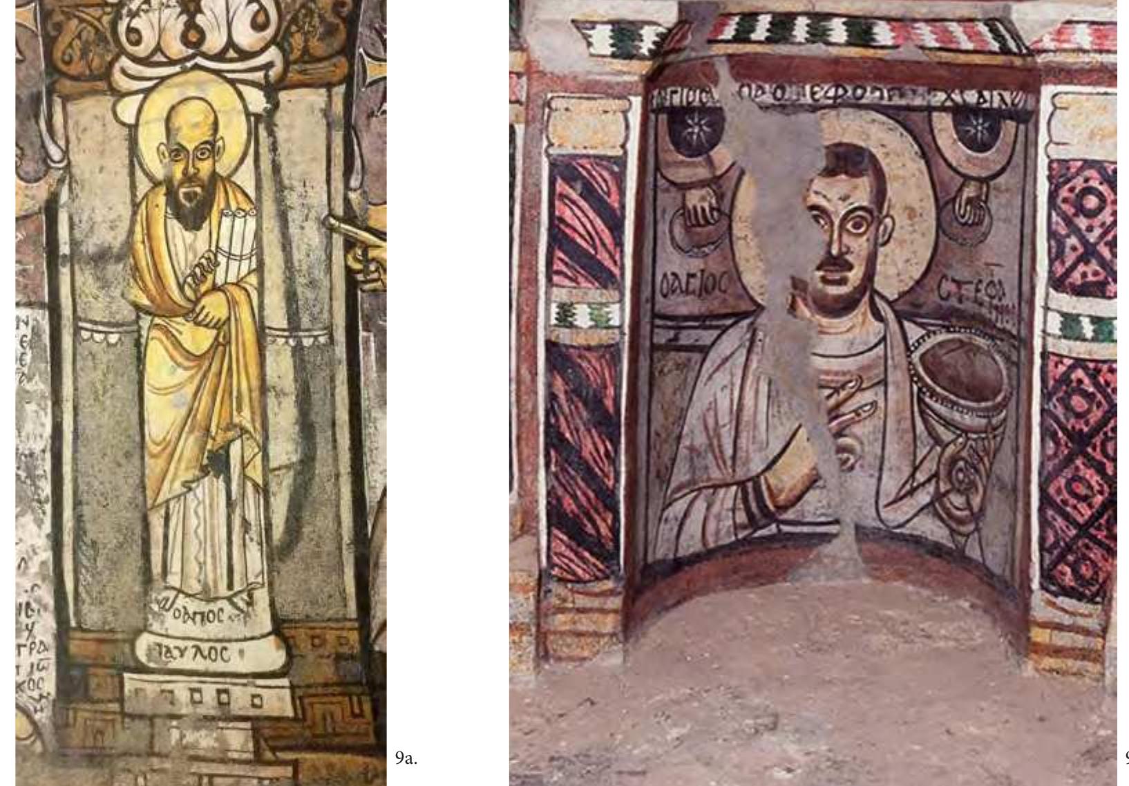 Fig. 9. Secco paintings with the Apostle Paul (a) and St Stephen (b). Red Monastery, near Sohag, Egypt, third phase, late 6th-7th century (After Bolman 2016, figs 10.23 and 8.10). 
