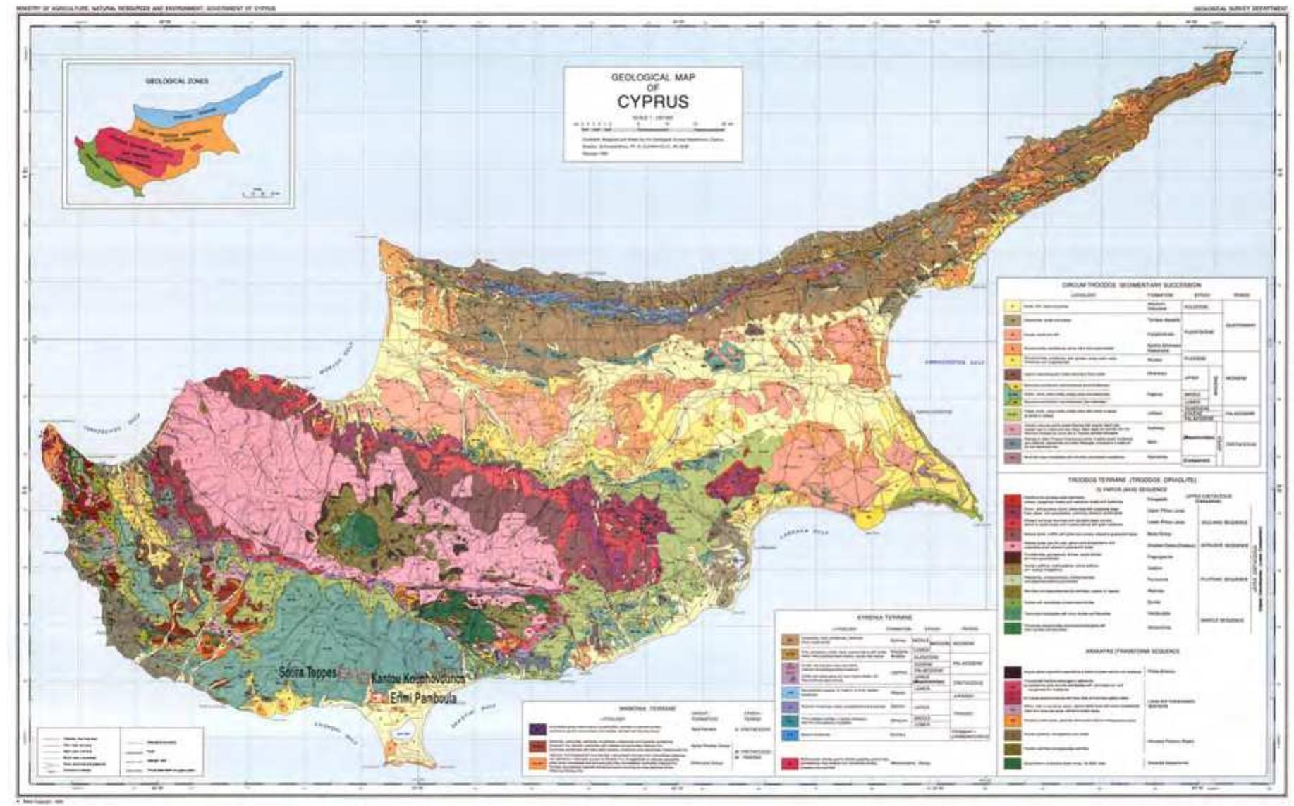 Fig. 4. Geological map of Cyprus. Source: Geological Survey Department, Government of Cyprus (modified by A. Marda-Stypsianou)  In addition to the theoretical problems on defining mobility, it appears in recent studies that determining : “local” strontium value is much more complicated than previously thought. As science progresses and scholar gain a better understanding of methodologies, it is becoming evident that selecting the right proxies to determin the locally bioavailable strontium values is of critical importance.” In our study, one of the three sites is set o1 a different substrate to the other two (Fig. 4). Erimi Pamboula is located on sandy clays of Quaternary alluvia formations, whereas Sotira Teppes and Kantou Kouphovounos are located on marls of the Neogene Pachn formation. The difference is reflected in the slight 6°’Sr differentiation between the sites. Our measurements als« demonstrate that groundwater can be a good indicator of soil strontium, whereas modern surface water canno be used here as an indication of locality.”  The present analysis shows no significant movement of the individuals under investigation between different landscapes, for none of the sites studied. At present, and taking into consideration all the factors that have been discussed here and that influence the local bioavailabilty of strontium, we can interpret this result as an indication of “locality” for the individuals studied. On the other hand, small scale mobility through the region of the same geological substrate cannot be excluded, as it is not something that can be detected with this methodology at present. Similarly, mobility between regions of the same geological substrate regardless of distance is also not excluded, as for the moment there is no comprehensive isoscape study for the eastern Mediterranean to help researchers differentiate between areas with similar geology, but different bioavailability 