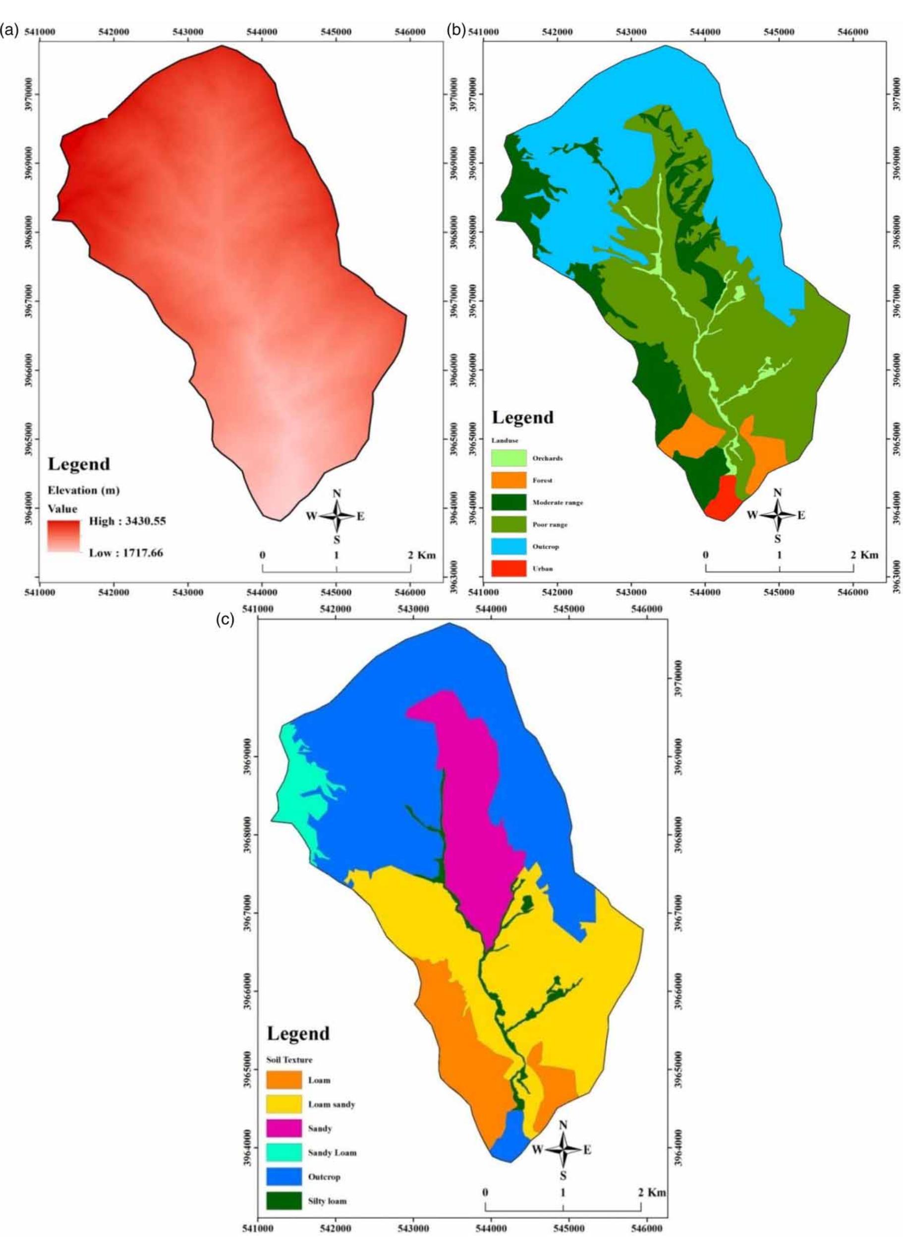 dem map, (b) land use map, and (c) soil map.