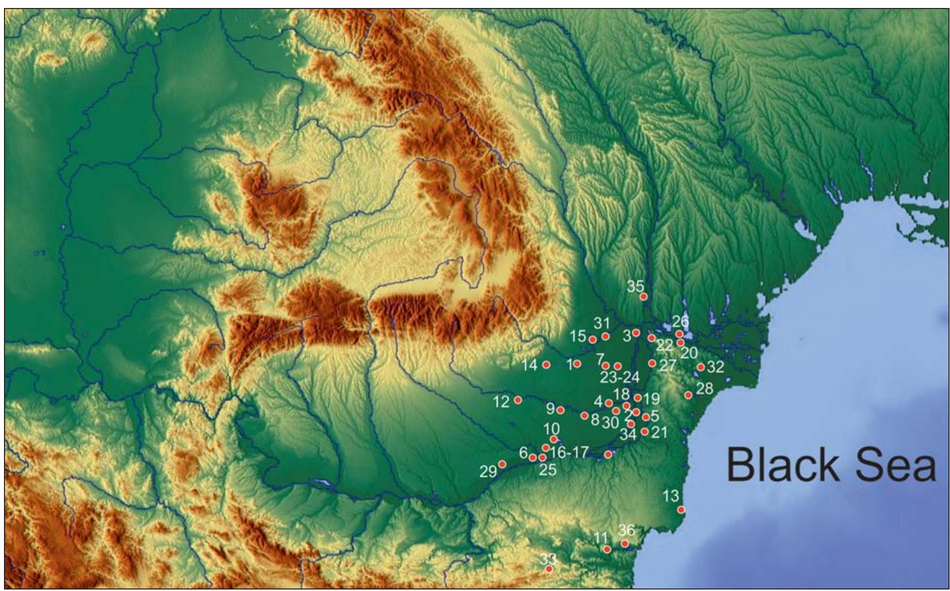 Fig. 13. Flat necropolises and graves mentioned in the catalogue (cca. 3500-1500 BC): 1. Balteni; 2. Bordusani; 3. Brailita; 4. Bucu; 5. Cernavoda; 6. Chirnogi; 7. Ciresu; 8. Ciulnita; 9. Crasanii de Jos; 10. Curatesti; 11. Devnya; 12. Dridu; 13. Durankulak; 14. Gheraseni; 15. Gradistea de Jos; 16-17. Gumelnita; 18. Hagieni; 19. Harsova; 20. Isaccea; 21. Izvoarele; 22. Jijila; 23-24. Liscoteanca; 25. Oltenita; 26. Orlovka; 27. Ostrov; 28. Panduru; 29. Pietrele; 30. Platonesti; 31. Ramnicelu; 32. Sarichioi; 33. Smyadovo; 34. Stelnica; 35. Stoicani; 36. Topoli 