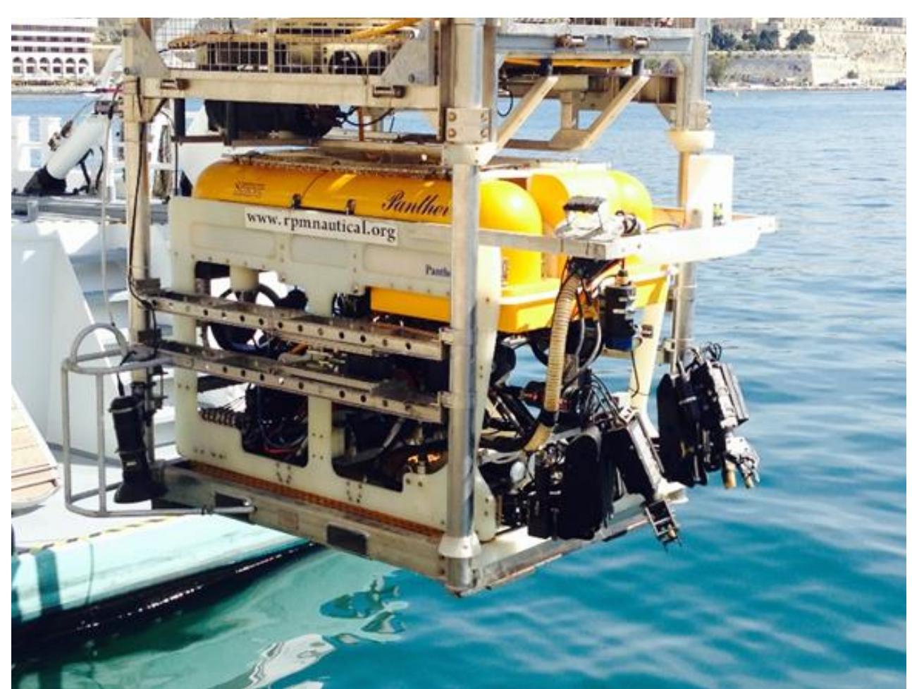 Rov being launched from the aft deck of the r/v hercules