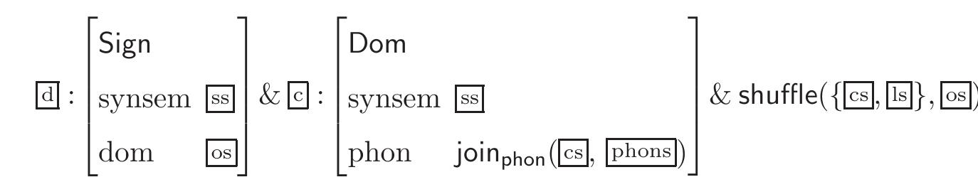 where join is relation between a list of domain objects and the concatenation of their phonologies  phon  in HPSG, this can be defined recursively as follows: 