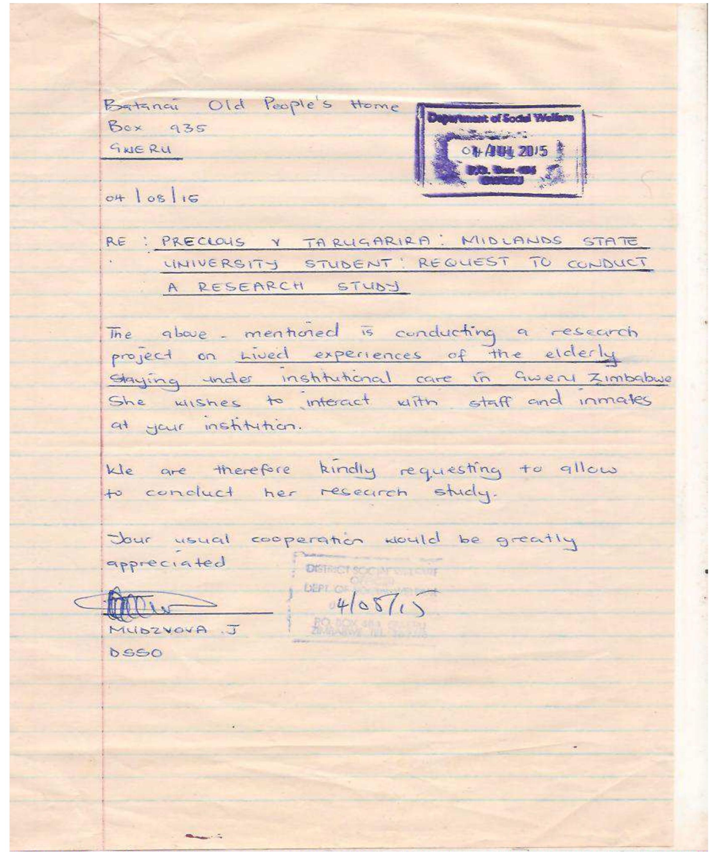 Appendix d approval letter from the department of social