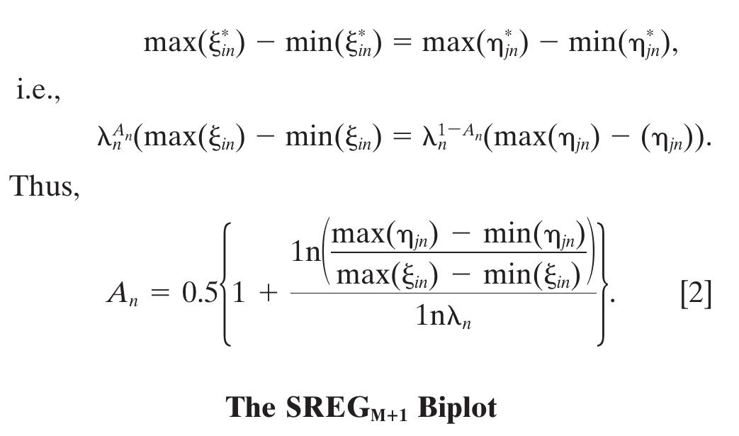 Mandel (1961) presented the following model for analysis of non-additivity of two-way data: where Y; and B; are the same as in Eq. [1], a; is the main effect of Genotype i i, and b; is the regression coefficient of the environment centered yields (ie., Y,; — B;) within Environ- ment jon the genotype main effects (a;). Equation [3] is similar to the well-known model of Finlay and Wilkinson (1963), but the roles of cultivars and sites are exchanged. 