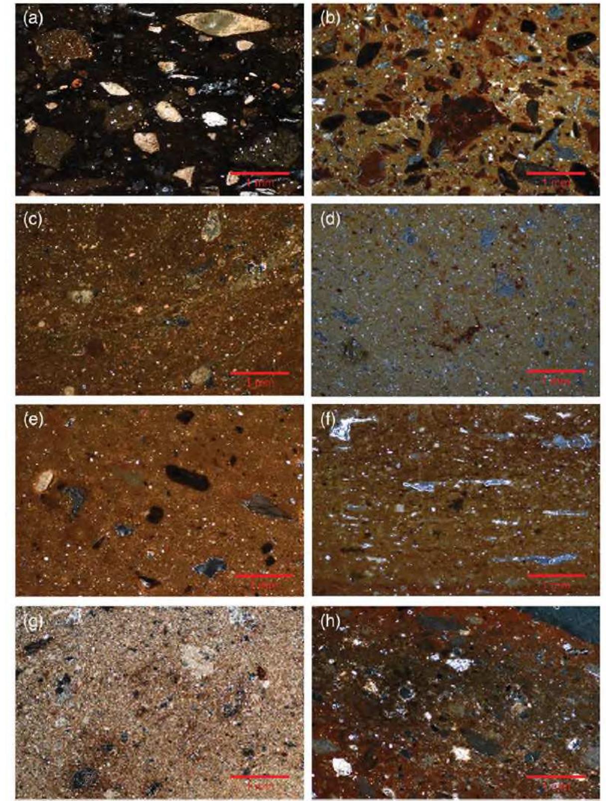 Figure 4 Thin-section photomicrographs of selected ceramics from each petrographic group: (a) Mudstone-limestone;(b) Mudstone - clay pellet; (c) Fine-grained A; (d) Fine-grained B; (e) Individual A; (f) Individual B; (g) Individual C; (h) Individual D. 