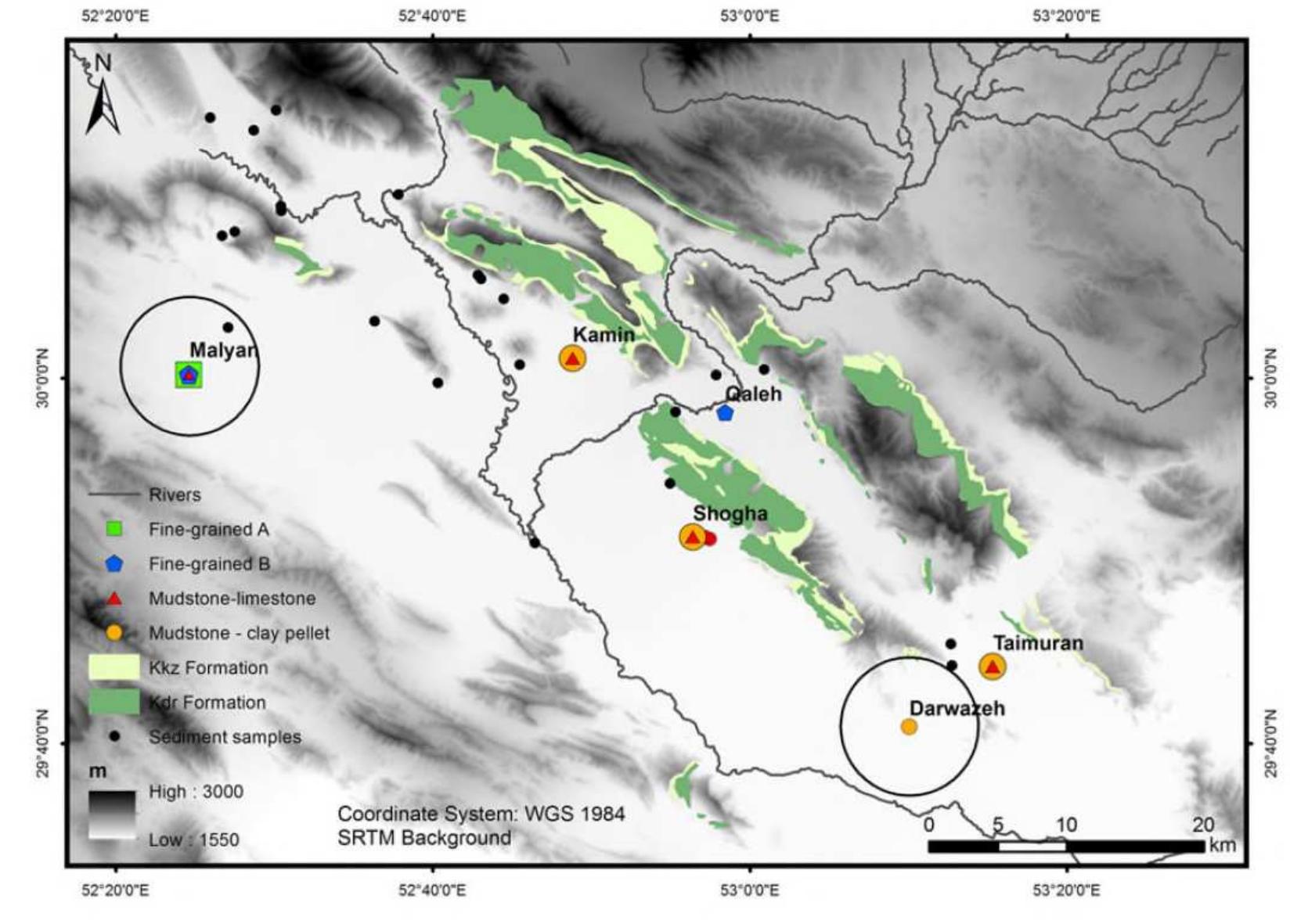 Figure 5 The location of the analysed clays and the two known production centres with a radius of 7 km around the sites. For the production of the Shogha and Taimuran ceramics, a possible source could be determined at the northern border of the circle around Darwazeh. 