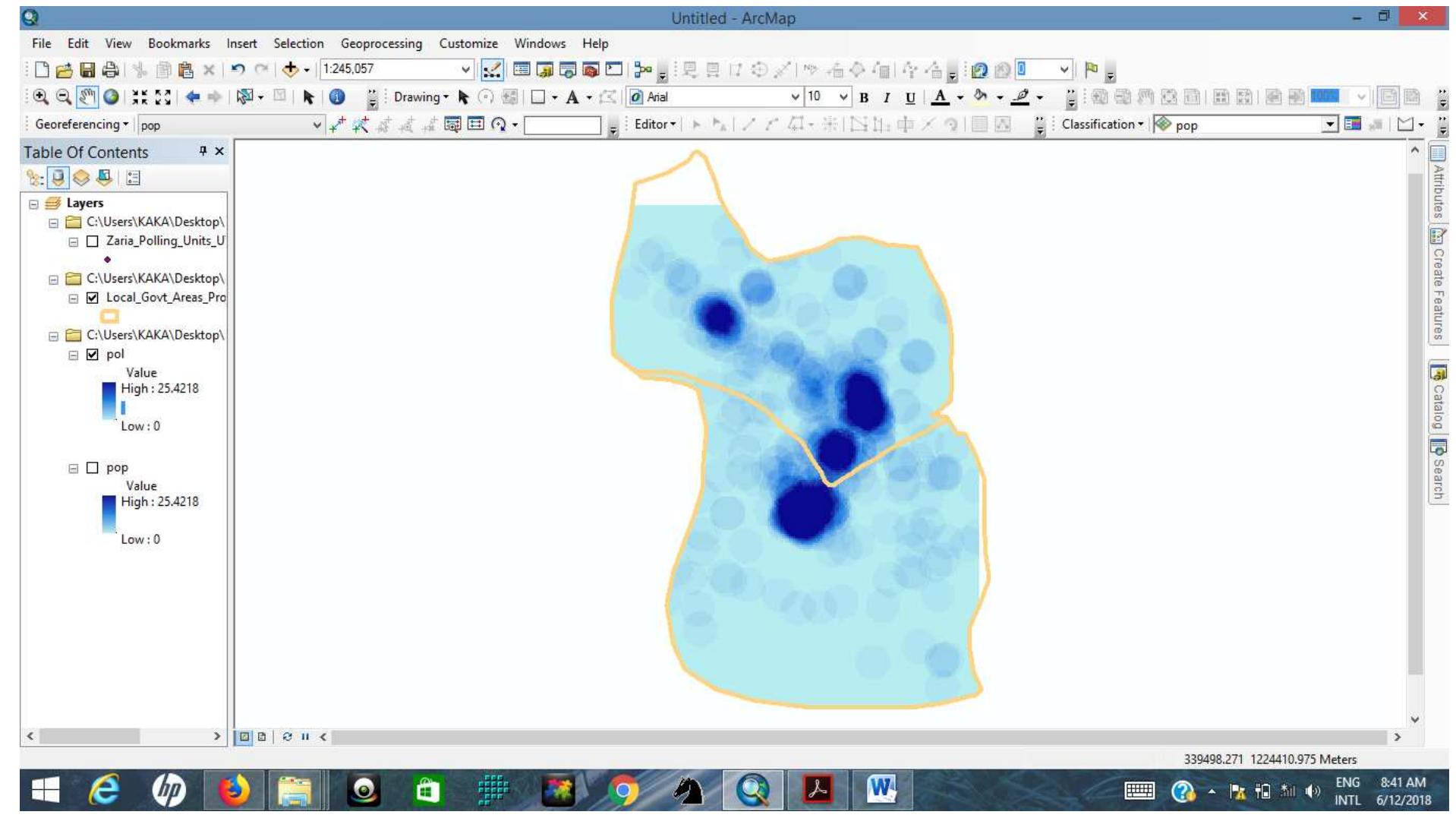 Raster image of population density in arcmap 10.1 window