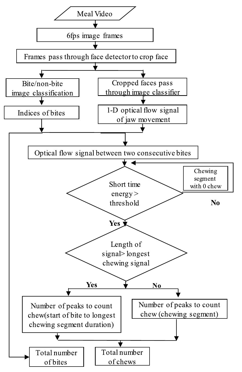 Flowchart of developed bite and chew counting algorithm from