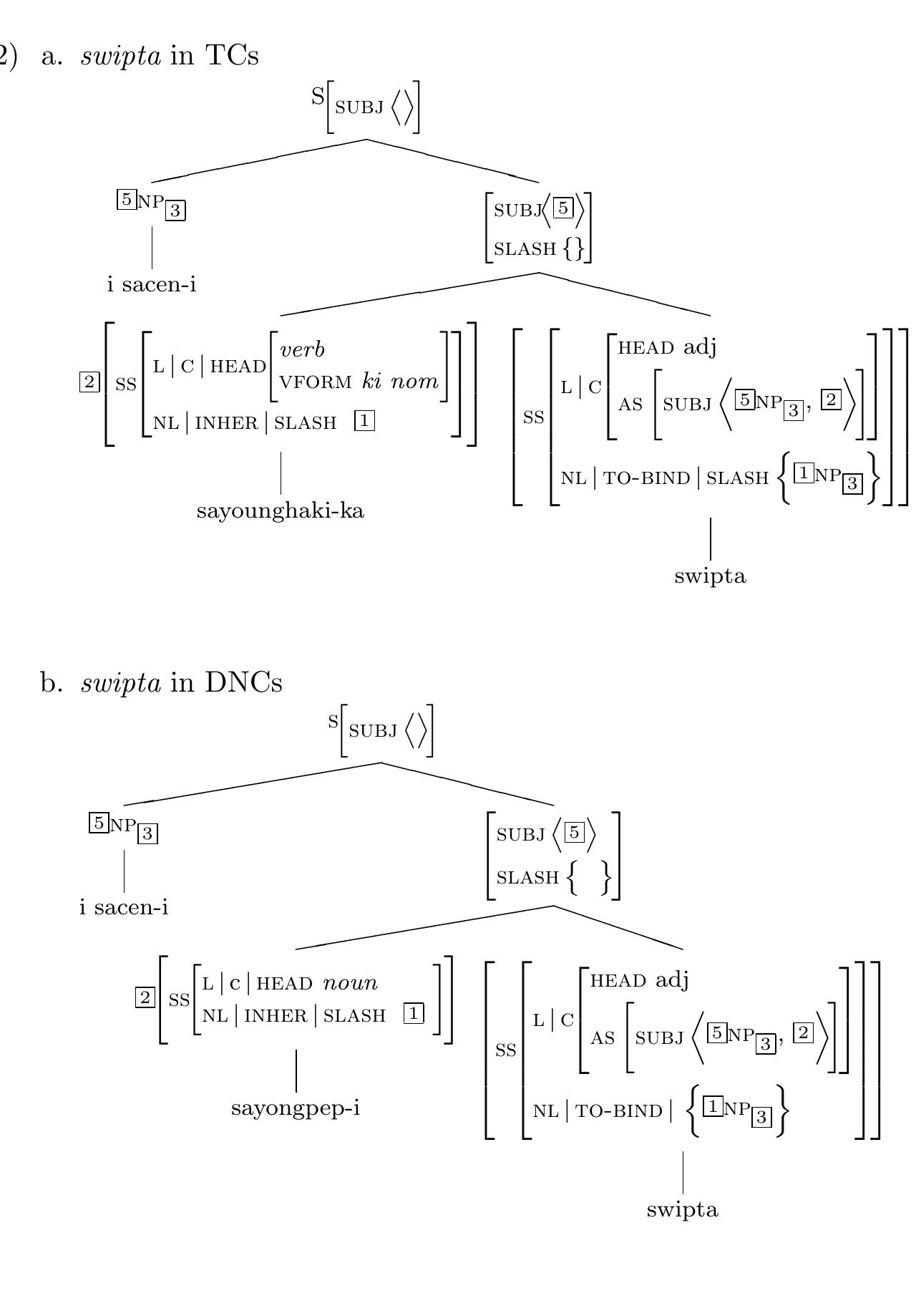 We can use the SLASH value to capture the semantic connectivity in DNCs, just as we did for TCs. This accords with the semantic and syn- tactic similarities between TCs and DNCs. Furthermore, we argue that ki-ka TCs and Type I DNCs share the same kind of structure; namely, one that licenses a constituent formed by the second NP and a pred- icate. The structure of ki-ka TCs and related DNCs can be presented as follows. 