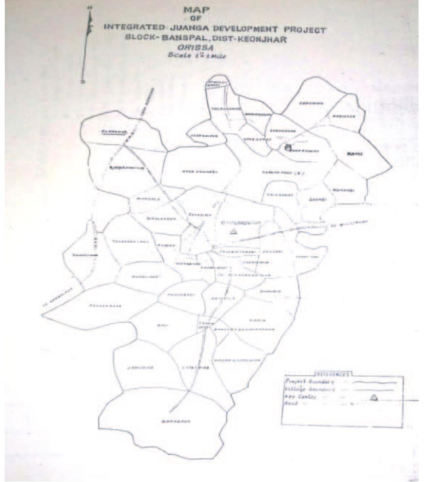 The Juangpirh (core area of the Juanga) is a triangular shaped area with Keonjhargarh at its apex and Kuanra and Basantpur at its base. This area is divided into six sub-pirhs with a number of villages included in each of them. The word 'pirh' refers to a group of neighbouring villages and is headed by a Sardar (Samal, 1997). The Juang tribes are representatives of Proto-Austraoloid racial stock as per Guha's classification. Their abode is known as Juanga pirh. They are among the oldest of the tribes living in the eastern part of India. Juangas live in Kanjipani - Banspal area of Keonjhar district and 