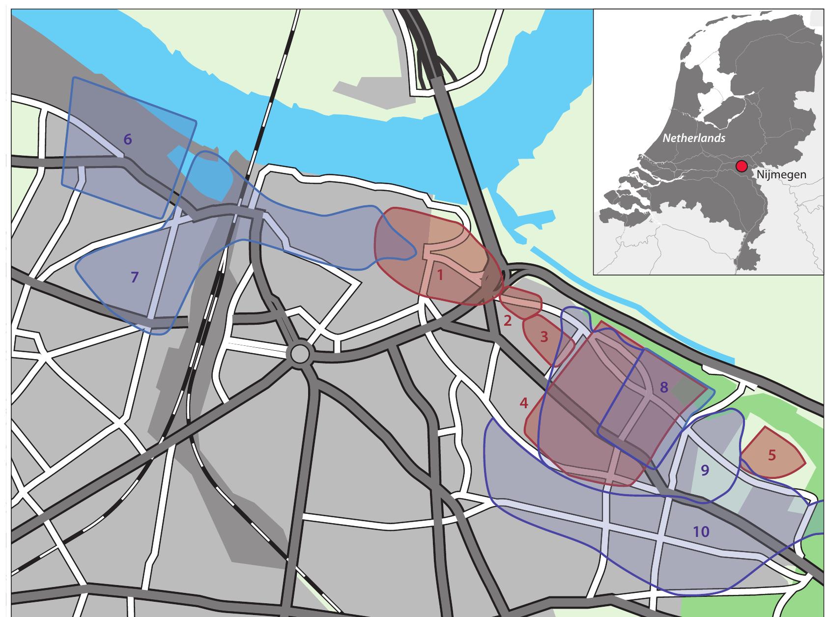 Fig. 1. The main archaeological complexes in Nijmegen from the early and middle Roman periods. 1-5 pre-  Flavian: 1 Oppidum Batavorum; 2 Trajanusplein fort; 3 cemetery; 4 Augustan military camp; 5 Kops Plateau  fort. — 6-10 Flavian and later: 6 Ulpia Noviomagus; 7 cemetery; 8 castra; 9 canabae legionis; 10 cemetery (adapted from VAN Enckevort / Hetrsaut 2010, fig. 29; 151). 