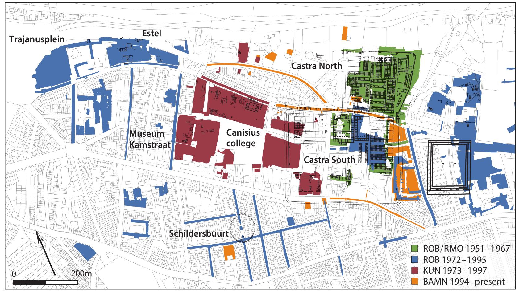 Fig. 2. Excavations within Nijmegen-Oost per excavating party, along with the main toponyms used in the excavation reports. 