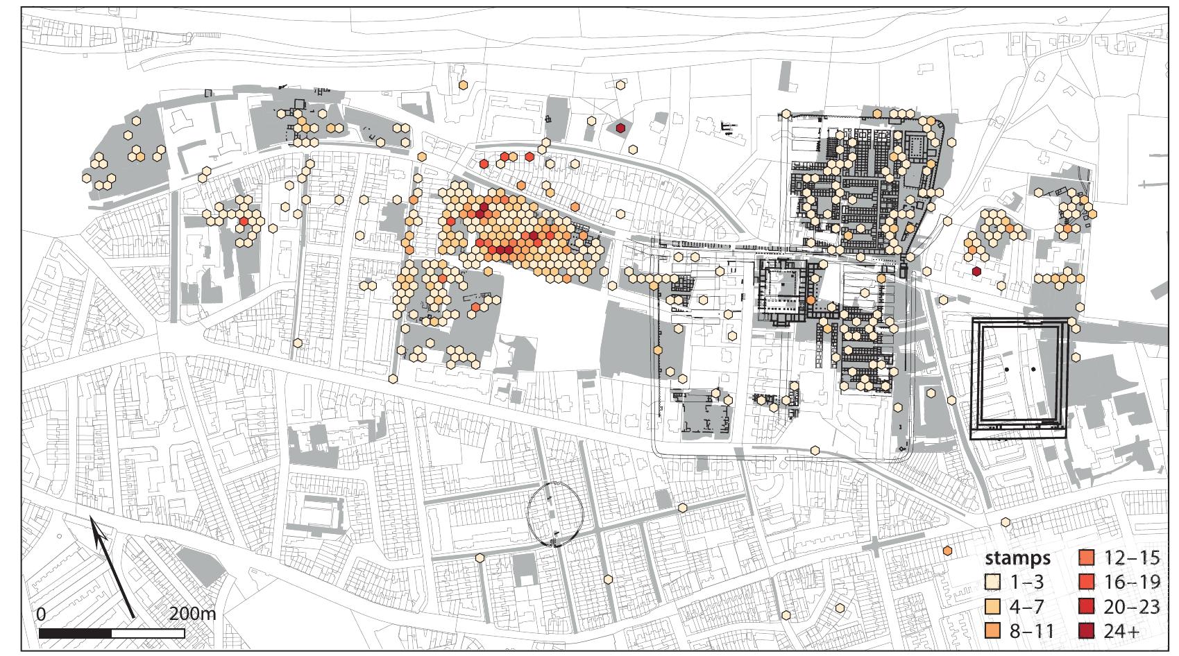 Fig. 3. Density map of all potters’ stamps on Gaulish terra sigillata. 