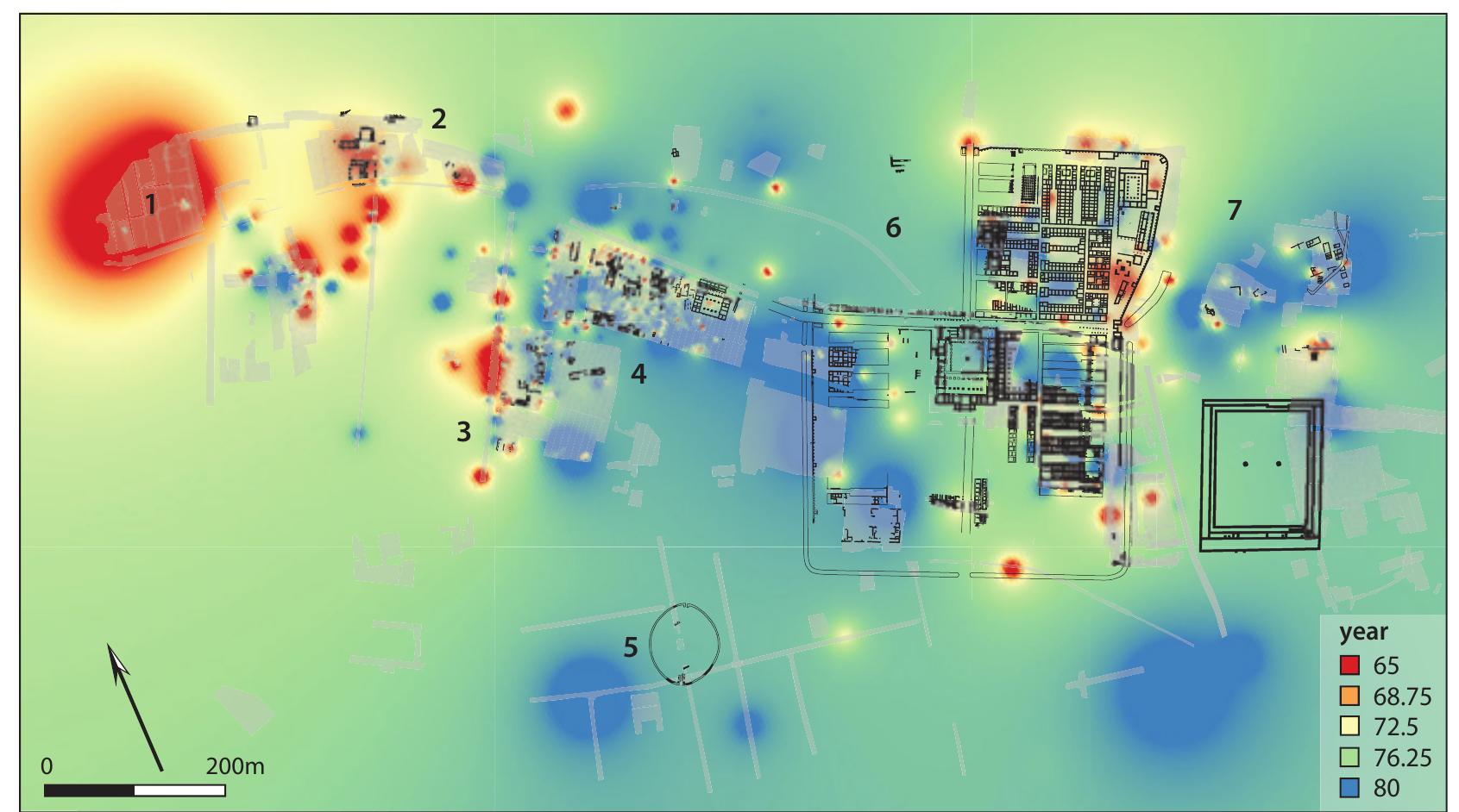 Fig. 12. Heat map of the average date per coordinate of the stamped terra sigillata (excluding Arretine wares). 1 Trajanusplein; 2 Estel; 3 Museum Kamstraat; 4 Canisiuscollege excavations; 5 amphitheatre; 6 castra; 7  sateen Appa bye 