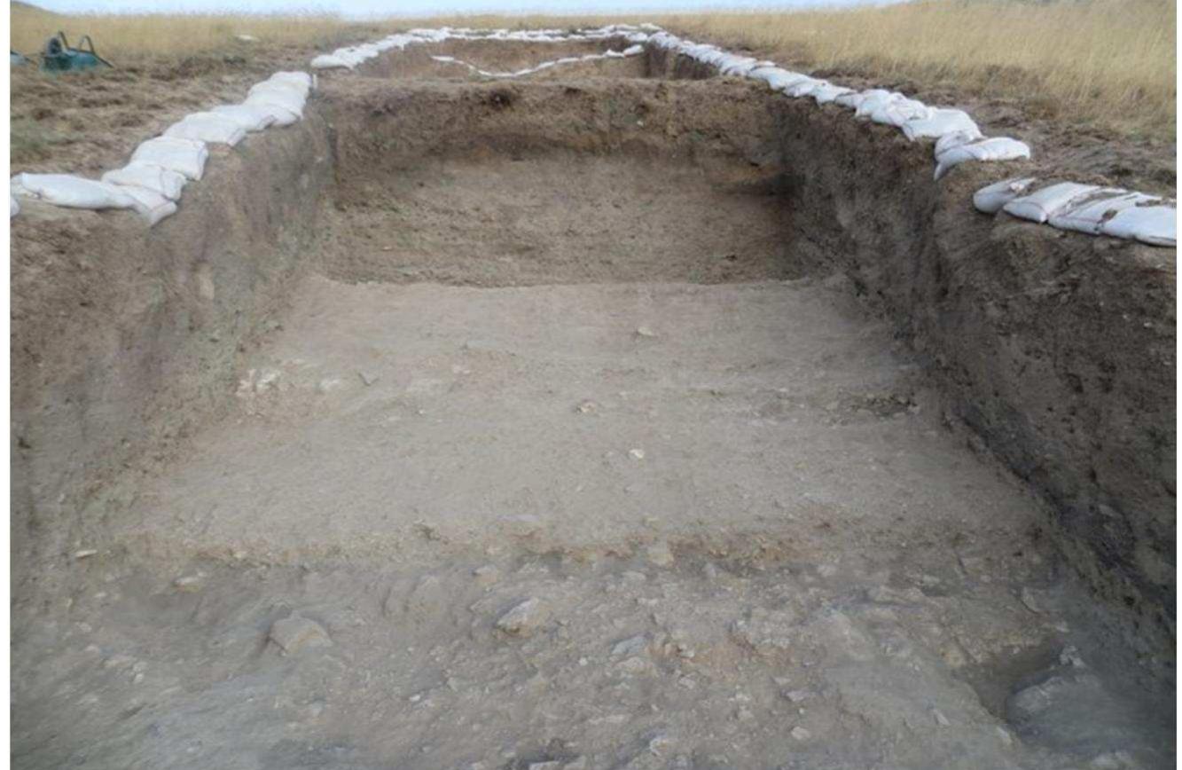 Fig.2. Trench of Northern Slope of Ayanis Fortress  BAR B41 AWE VCCERUIERD UR LNUE UCRAWE AR BOE CREBWCCURUER NUDES Seer A CAREROD BSB VUEUENQDD UE  The excavations at Ayanis Fortress in 2015 were primarily carried out to determine the boundaries of the northern fortification walls along the northern slope of the hill where the citadel was built and to identify the status of the architectural structures in the northwest of the fortress. In here, in this trench, which was excavated of sizes of 5 x 20 m. following about 1.5 m soil filling, the remains of the fortress were found within the layers of ash (Fig.). In this waste area, which is almost entirely composed of animal bones, a wide variety of finds such as_ bullae, broken ceramics and bronze pieces, seals, arrowheads, pieces of processed wood, and lastly tangled hair have been unearthed. 