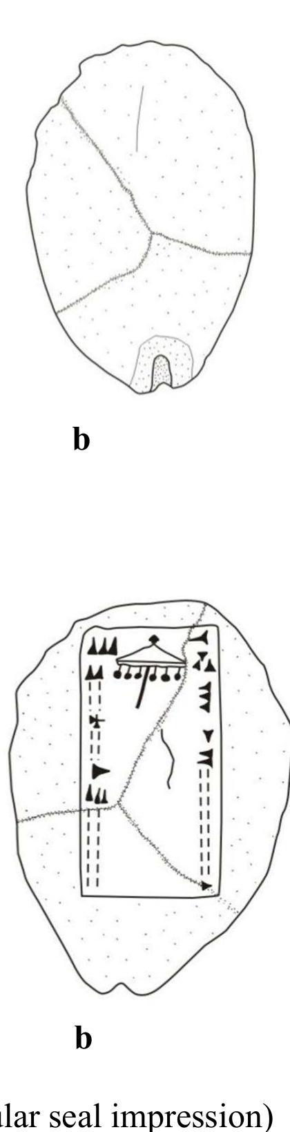 On the bottom of the bulla there is a rectangular seal impression of the King Rusa type mentioned above. This seal impression is 2.8 cm in height and 1.5 cm in width. These dimensions  coincide with the seal impression on another bulla (Inv.no.Ay.24-94) discovered in Ayanis (Abay 2001, 327).  The lateral side with the inscription in the bulla has a height of 1.7 cm and a maximum width of 11 cm. There is a single line short inscription on the lateral side of the bulla. 