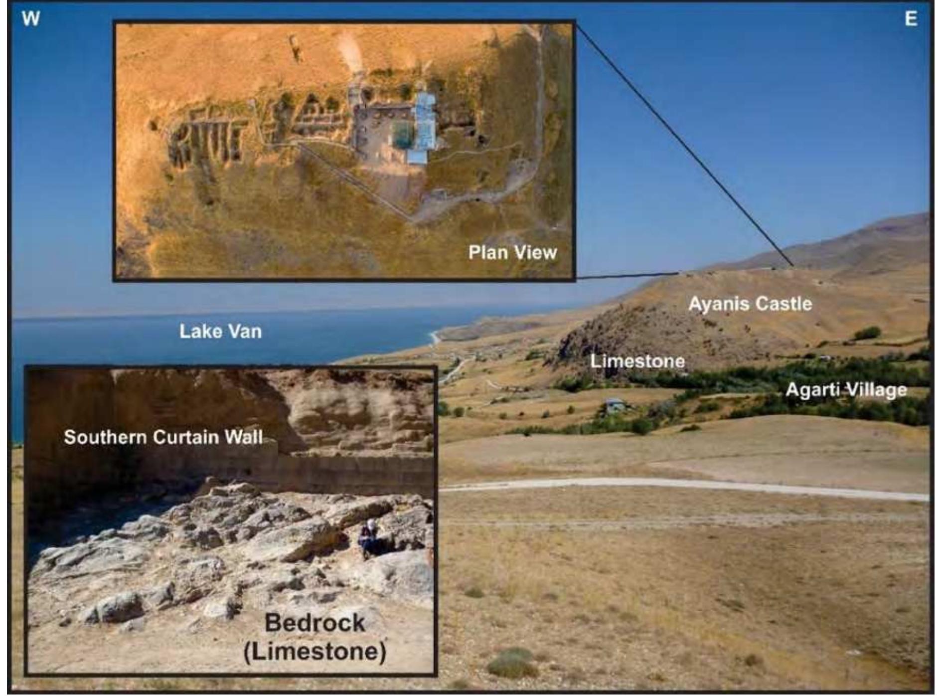 Figure 14-14. General and plan view of Ayanis Castle and bedrock, view from the south.  the castle, the end of the castle and the kingdom, and the period of its founder. According to some researchers. ArgiSti’s son Rusa, whose reforms and castle-building brought the Kingdom of Urartu to its highest point, may have also been the person who dragged the kingdom into collapse with these activities. The purported 40-year reign ot ArgiSti’s son Rusa is calculated based on Assyrian written sources, but the certainty of these years is a matter ot debate, namely whether the founder of Ayanis was Rusa II or Rusa III. 