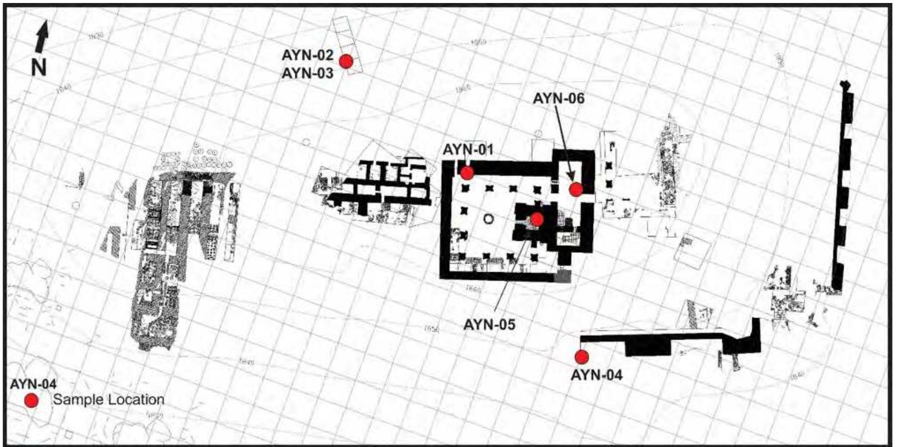 The temple areas established in the central point of Urartian cities mostly consist of a cella and a courtyard wit  piers surrounding it. The Ayanis Temple Courtyard, which hosted religious ceremonies, consists of 12 piers lining mudbrick walls which are 5 m high and 4 m in thickness. Two of these piers are adjacent to the cella; the other 10 are  arranged symmetrically on three sides of the temple (Cilingiroglu and Salvini 2001). The northern piers had been bui  on bedrock and were partially recovered, but the southern piers, lacking a bedrock foundation, were completely  destroyed, likely by the earthquake, making samples from this location a necessity. Excavations had revealed  Cc  doorway (originally identified as a niche) in the northern area of the courtyard. A charcoal sample (AYN-01; Fig. 14  15) was recovered from this doorway, situated in the northern wall, which leads from the Temple Courtyard to the  open area beyond.  Figure 14-15. Location of radiocarbon samples on drawing of Ayanis Castle. 