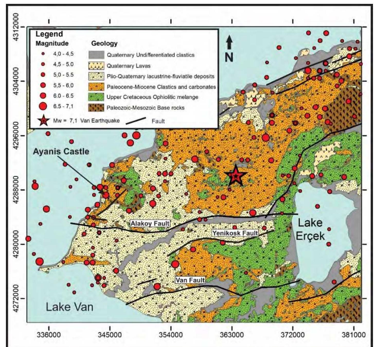 Although the castle rests on resistant bedrock, it is located in a very active zone in terms of seismicity (Fig. 14-16) Most of the earthquake records belonging to both the instrumental period (earthquakes from 1900 to the present) anc historical (generally from 1100-1900 CE, determined from historical catalogues) are known. There is little data o1 earthquakes prior to these periods, although old earthquakes have been detected in palaeoseismology studies on active faults in the region. The two most active faults in the region are the Alak6y and the Van (Fig. 14-17), the latter just 1¢ km south of Ayanis. On October 23, 2011, the Van Fault ruptured; this event, known as the Van Earthquake M=7.1  became the largest earthquake known in the instrumental period and further damaged the Ayanis Castle (Poyraz et al 2011).   Figure 14-16. Simplified geological map of eastern Lake Van, epicenter distribution of earthquakes after the Van Earthquake, and major active faults around Ayanis Castle (MTA 2002, Emre et al 2013; Sengiil et al. 2019). 