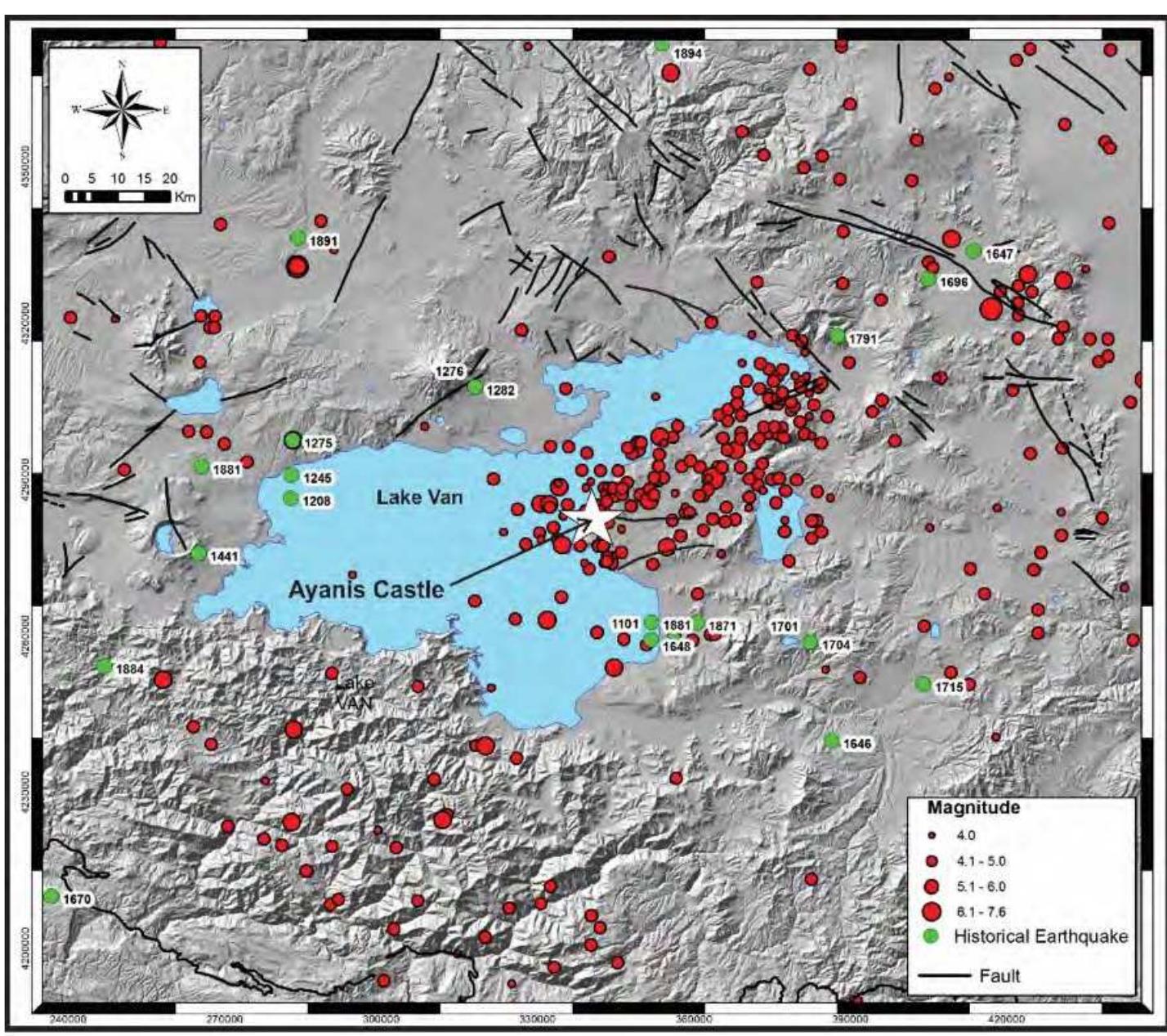 Figure 14-17. Main and aftershock distribution of Van earthquake and historical earthquakes around Lake Van (Sengiil et al 2019). 