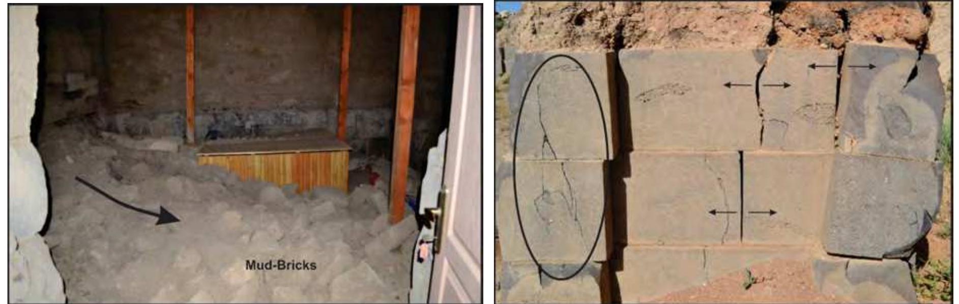 Figure 14-18. Left: Local collapsed brick walls in the Temple area after the Van Earthquake in 2011; Right: Extension and cracks on the basaltic stone columns of the Temple area.  Given that excavations take place every summer in Ayanis Castle, the parts of the Ayanis Castle affected by the Van Earthquake in 2011 could be identified immediately. During the earthquake, serious collapse was observed especially in the east-west trending walls of the temple area (Fig. 14-18, left). In the opposite direction, the walls standing north-south had little damage, and only small cracks developed. 