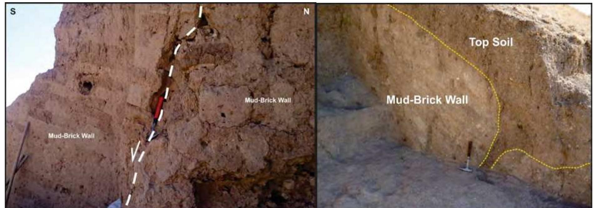 COMpletely COMapsed. MOWever, WS Gesuucuion dia NOt Nappen QuIiNp we 2ULL Val Paruiquake,  Large-scale damage and fractures, not recorded in instrumental and known historical earthquakes, were observed in excavations on both curtain walls, the columns of the citadel area, and the northern slope of the castle. Some of this damage was seen on the walls built with mudbricks up to 4-5 m high and forming the upper parts of the curtain walls. These walls were broken and toppled due to gravity along some planes (Fig. 14-19, left). These walls extend and are parallel to the mapped active faults.  Figure 14-19. Left: Collapsed mudbrick wall in the Southern Curtain Wall, displacement plane (dashed white line) and movement (arrow), view from west; Right: An extension crack filled by topsoil in the Northern pit. 
