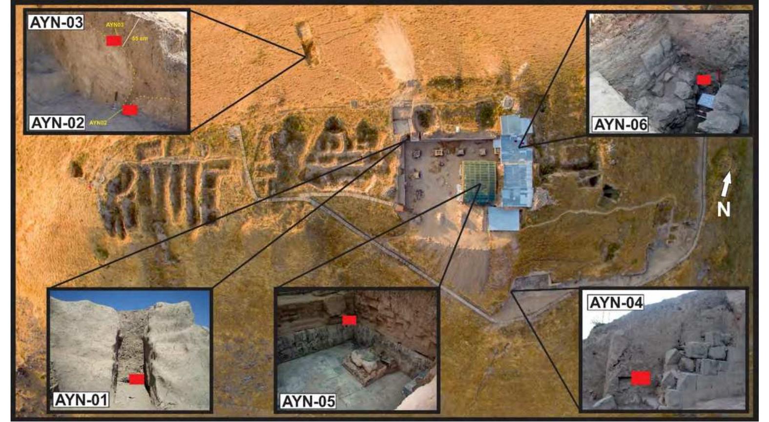 The samples (Fig. 14-20) AYN-01, AYN-05, and AYN-06 derived from charcoal/charred wood pieces, AYN-0 from human bone, and AYN-02 and AYN-03 were soil from the northern trench. Analyses were performed < TUBITAK MAM Earth and Marine Sciences Institute Laboratory. Analysis results and obtained age data are given i Table 14-1 and in detail in Table 14-2.  Figure 14-20. Location of radiocarbon samples on aerial photo in detail (red rectangles). 