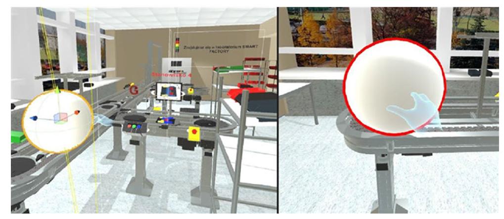 FIGURE 8. Workplace instruction in a virtual environment. Visible sphere as a 3D interface element in the application. 