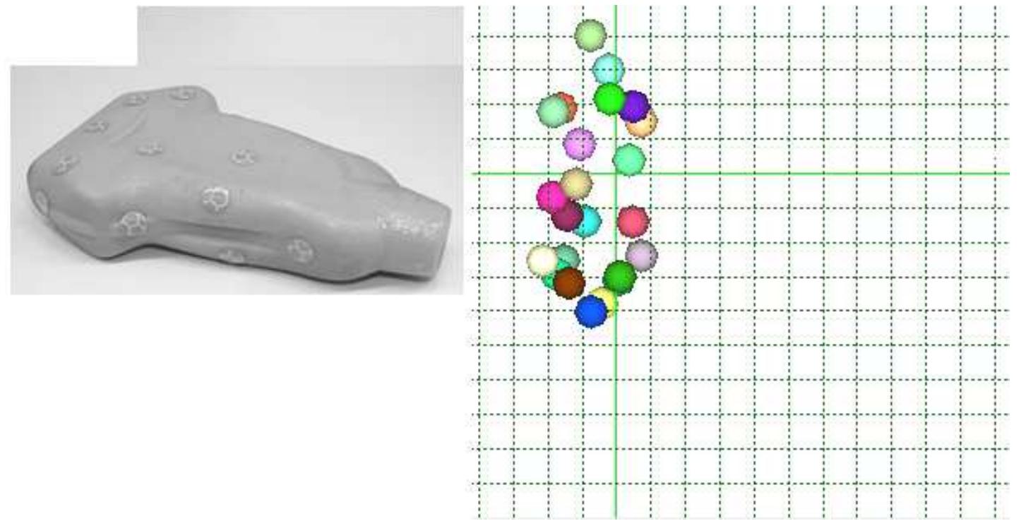 Fig. 1. Markers of the PST-55 system and their recognition in the system software [2]  The studied objects were models of heads used for ultrasound examination of human ab- dominal cavity. These models were prepared on the basis of commercial ultrasound examination systems. To make it more realistic, the physical objects were 3D scanned using the ATOS I opti- cal scanner by the GOM company, with measure-  A tracking system is a device which allows real-time measurement of position and/or orienta- tion of a given object. Usually tracked objects are 