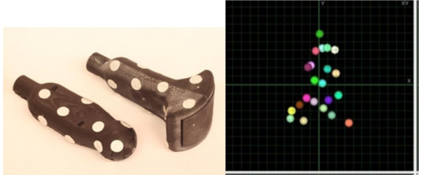 Fig. 7. Markers on 3D printed heads (left) and recognition of right head in in the tracker software for wide head (right) 