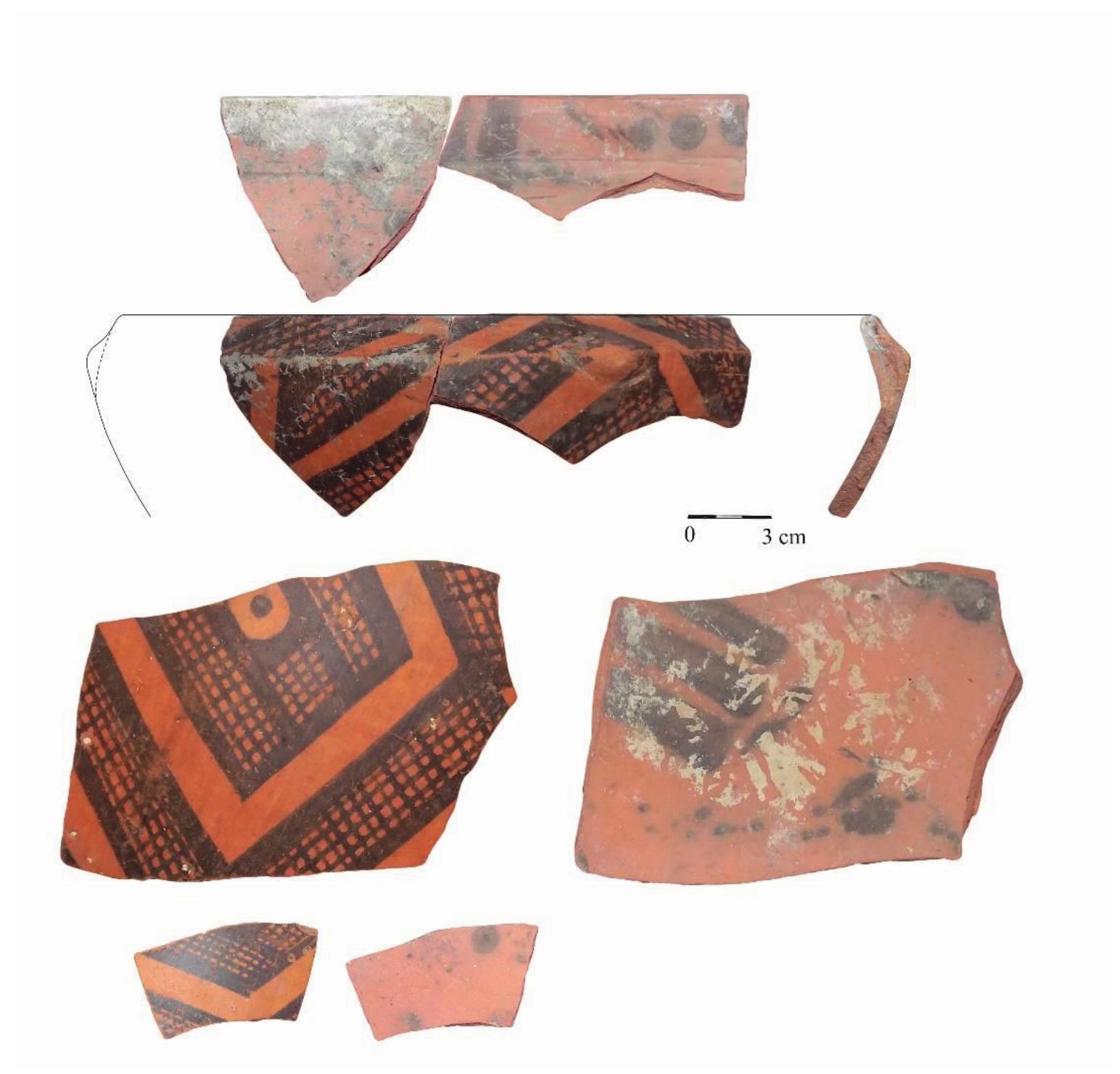 Photo 8.  Bowl shape; Fine category (with very good polished angobe, outside); Homogeneous paste; Temper: fine grain sand; Very good firing; Reddish-brick-like color with firing marks. Painted ornament: outside and inside; Black painting outside and brown painting inside; Geometric; Trichrome. 