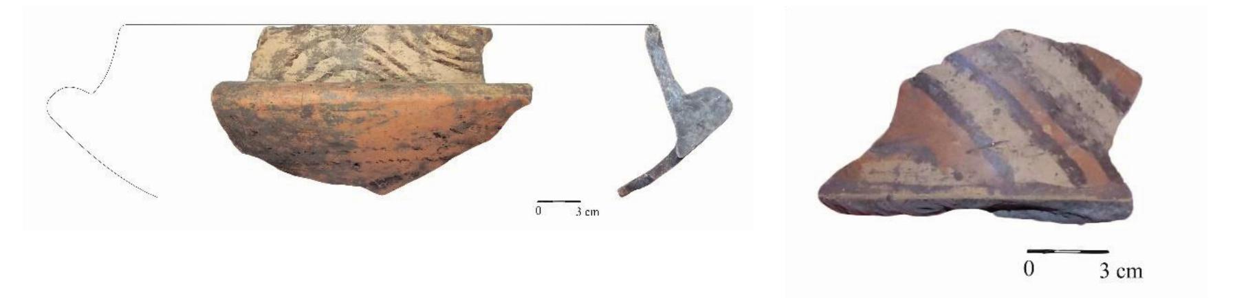 Vessel with careen; Fine category (with very good polished angobe, outside); Homogeneous paste; Temper: fine grain sand; Very good firing; Reddish-brick-like color with firing marks. Painted ornament: outside and inside; Black and brown painting (white 