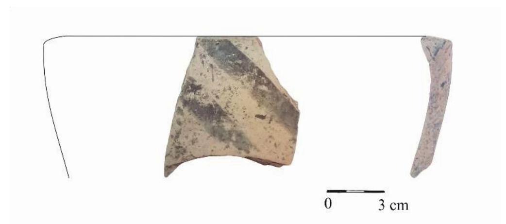 Fine category (polished outside); Homogeneous paste; Temper: well chosen grain (mixed with mica); Very good firing; White-yellowish color. Painted ornament: inside; Black painting; Curvilinear; Bichrome. 