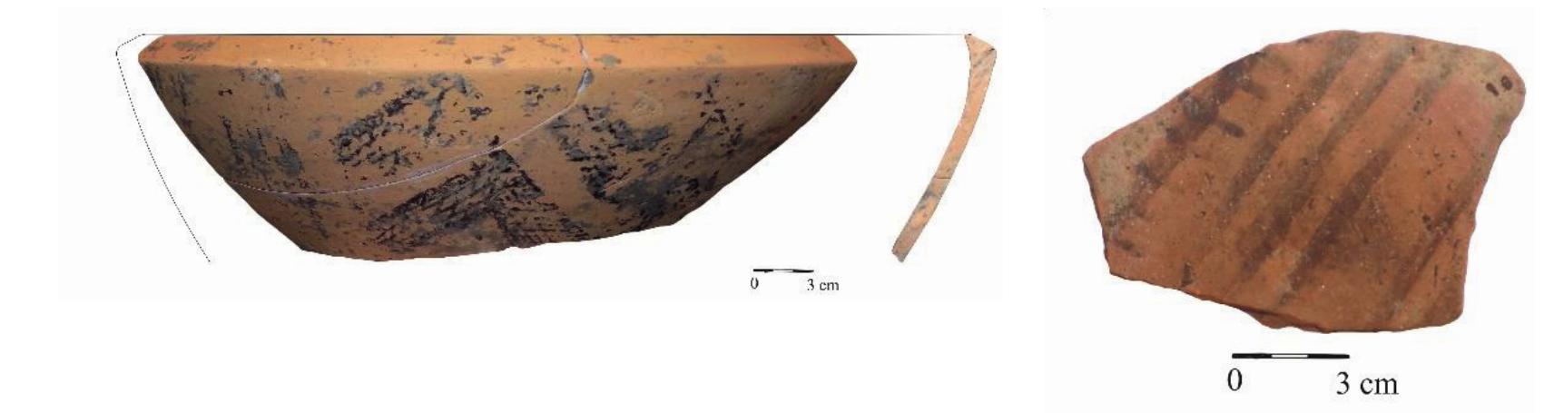 Shape: tronconical bowl; Fine category (polished, outside); Homogeneous paste: Temper: fine grain sand (rare pebbles); Very good firing; Brick-like color. Painted ornament: outside and inside; Black painting; Geometric; Bichrome.  Photo 46.  Shape: tronconical bowl; Fine category (polished, outside); Homogeneous paste; Temper: fine grain sand; Very good firing; Brick-like color. Painted ornament: outside; Black painting; Geometric; Bichrome. 